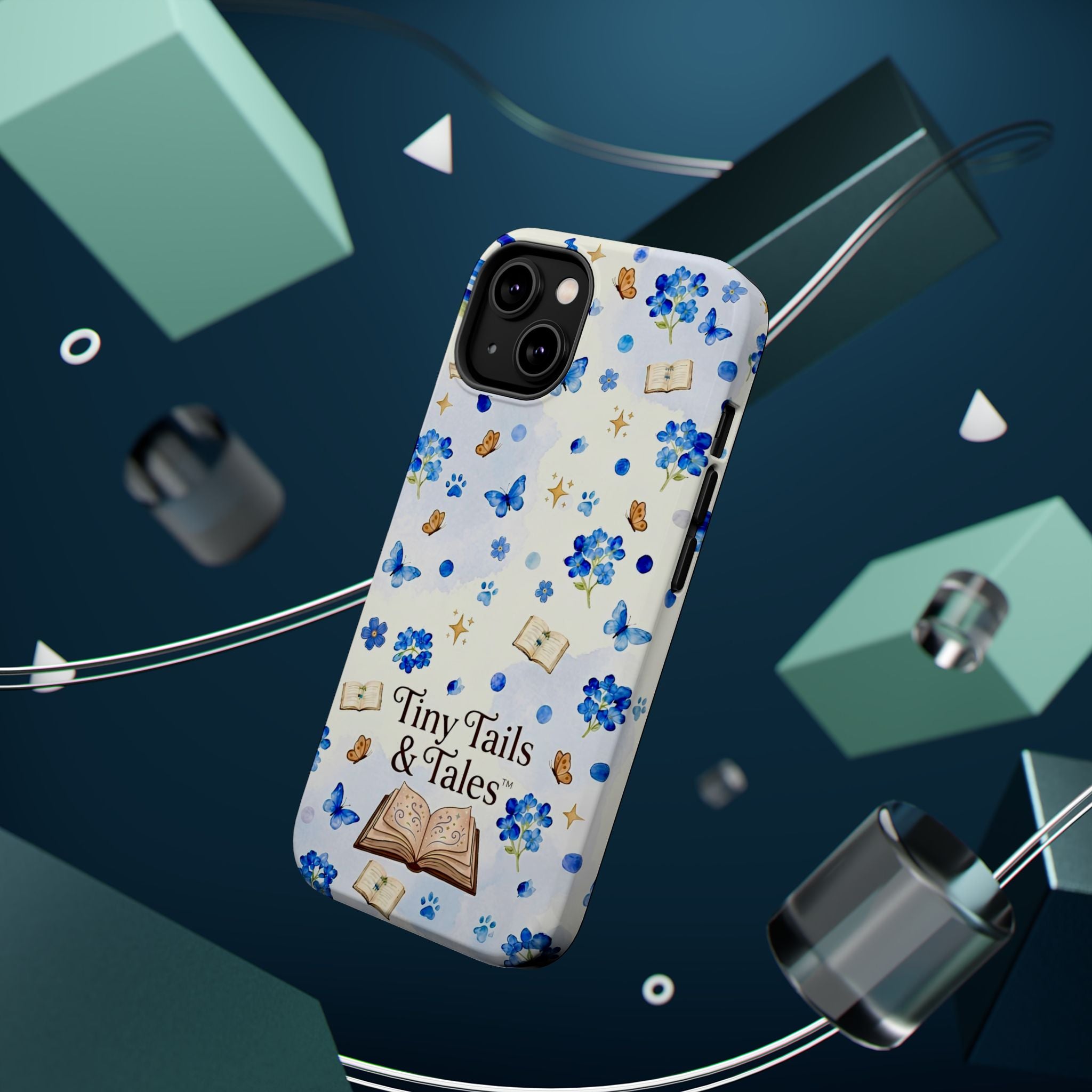 Tiny Tails & Tales™ Blue Forget-Me-Not Floral Phone Case | Whimsical Storybook Book Lover iPhone Cover | Cottagecore Butterfly Aesthetic Magnetic Impact-Resistant Cases