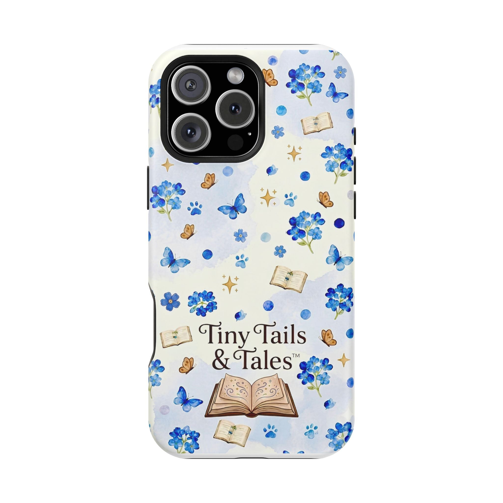 Tiny Tails & Tales™ Blue Forget-Me-Not Floral Phone Case | Whimsical Storybook Book Lover iPhone Cover | Cottagecore Butterfly Aesthetic Magnetic Impact-Resistant Cases