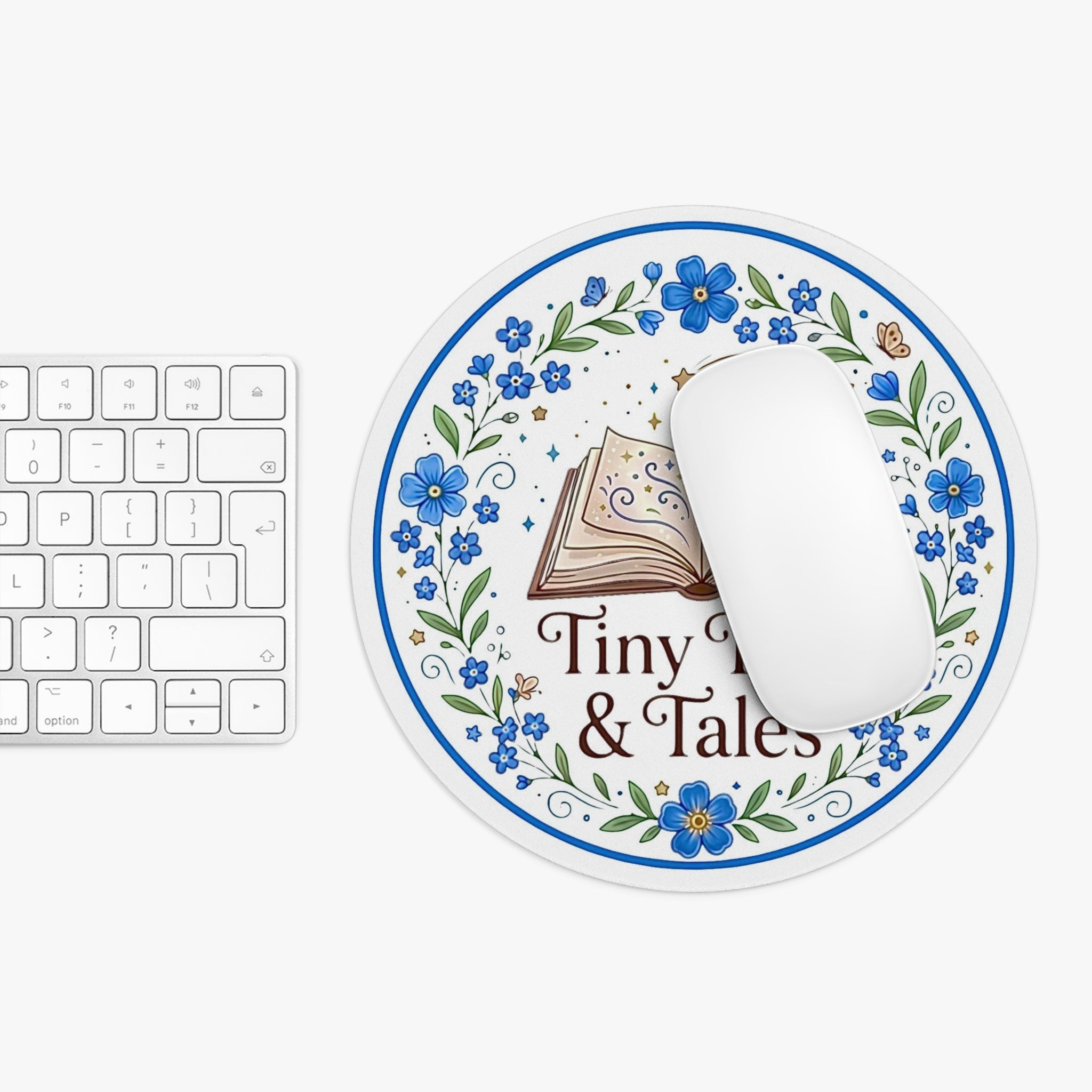 Tiny Tails & Tales™ Storybook Mouse Pad – Blue Forget-Me-Not Floral Desk Mat for Book Lovers & Cottagecore Offices