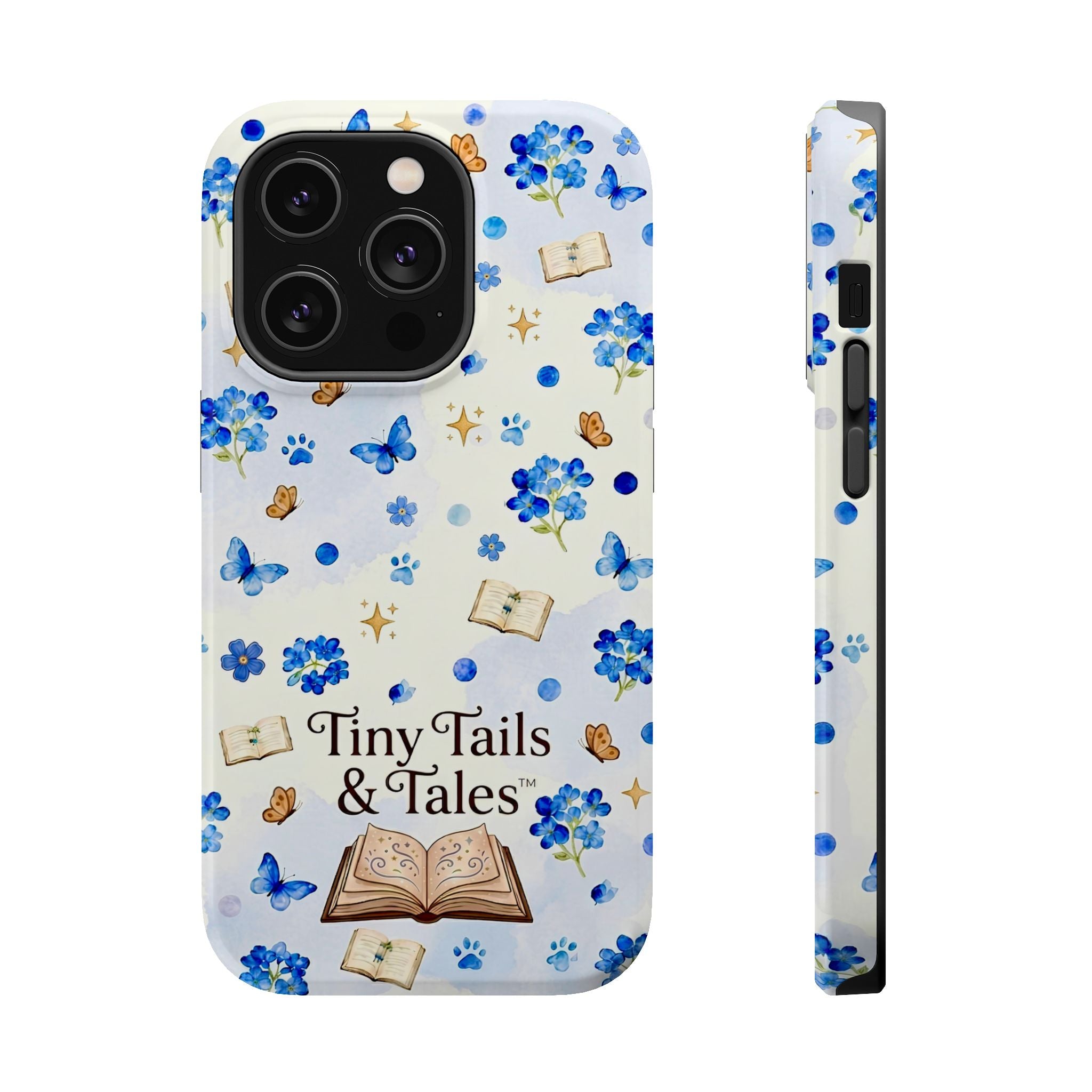 Tiny Tails & Tales™ Blue Forget-Me-Not Floral Phone Case | Whimsical Storybook Book Lover iPhone Cover | Cottagecore Butterfly Aesthetic Magnetic Impact-Resistant Cases