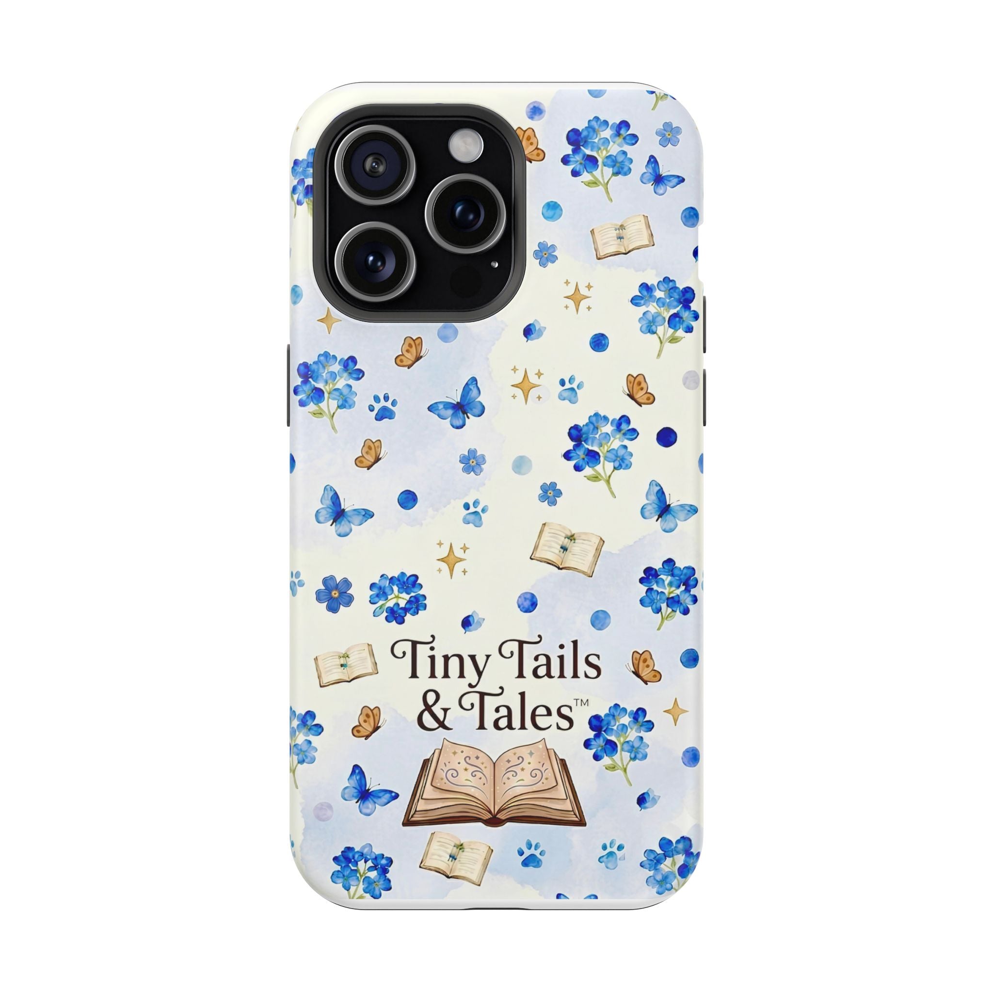 Tiny Tails & Tales™ Blue Forget-Me-Not Floral Phone Case | Whimsical Storybook Book Lover iPhone Cover | Cottagecore Butterfly Aesthetic Magnetic Impact-Resistant Cases