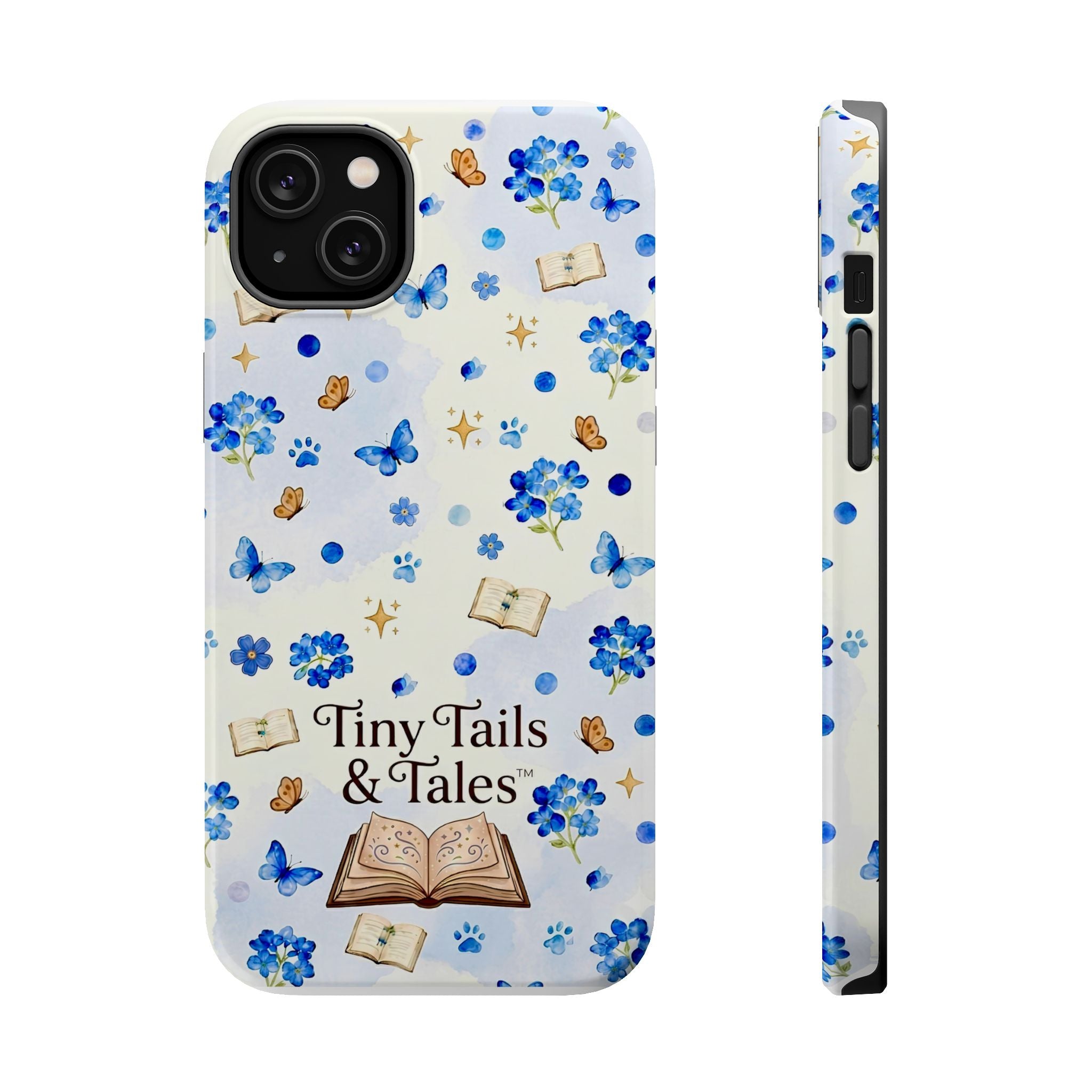 Tiny Tails & Tales™ Blue Forget-Me-Not Floral Phone Case | Whimsical Storybook Book Lover iPhone Cover | Cottagecore Butterfly Aesthetic Magnetic Impact-Resistant Cases