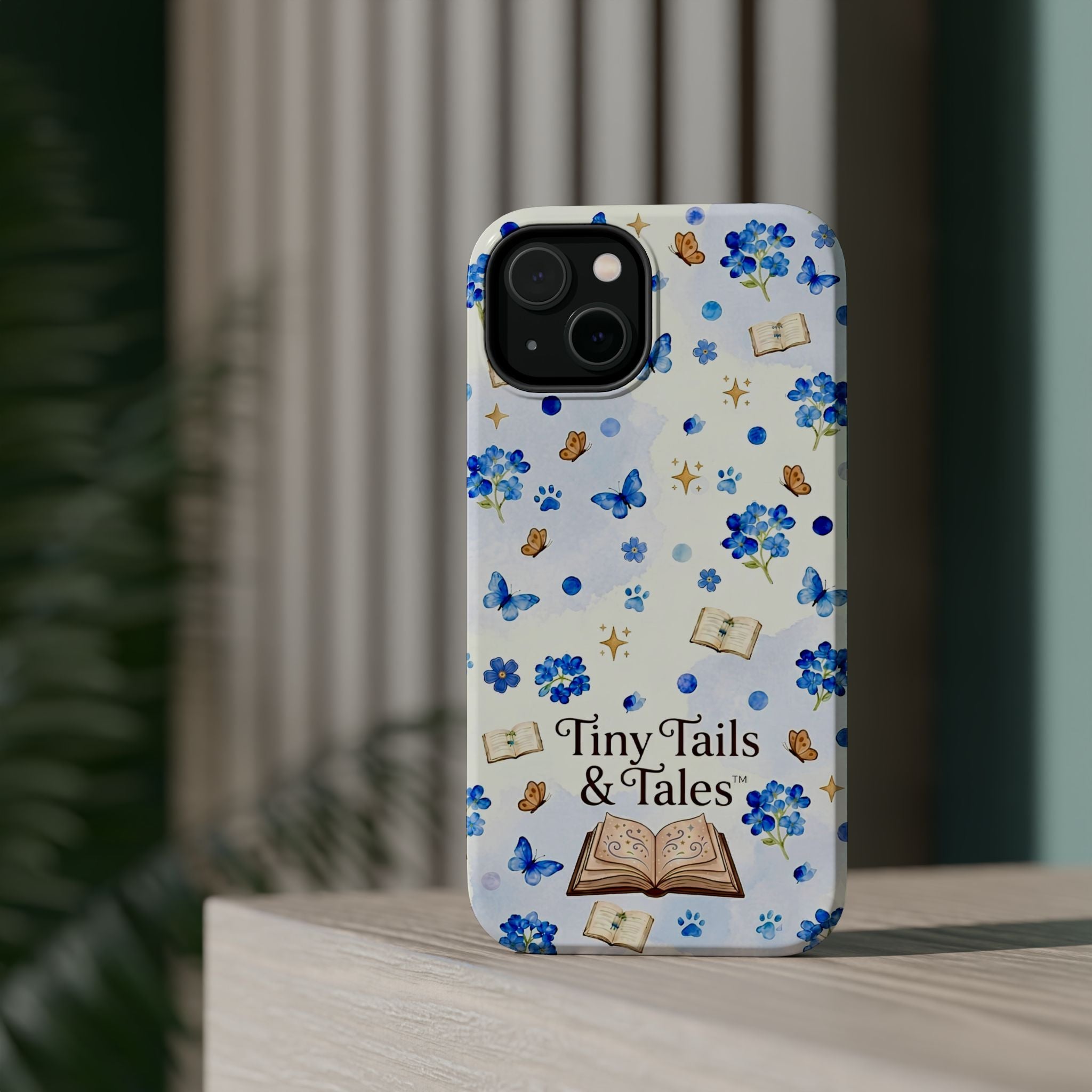 Tiny Tails & Tales™ Blue Forget-Me-Not Floral Phone Case | Whimsical Storybook Book Lover iPhone Cover | Cottagecore Butterfly Aesthetic Magnetic Impact-Resistant Cases