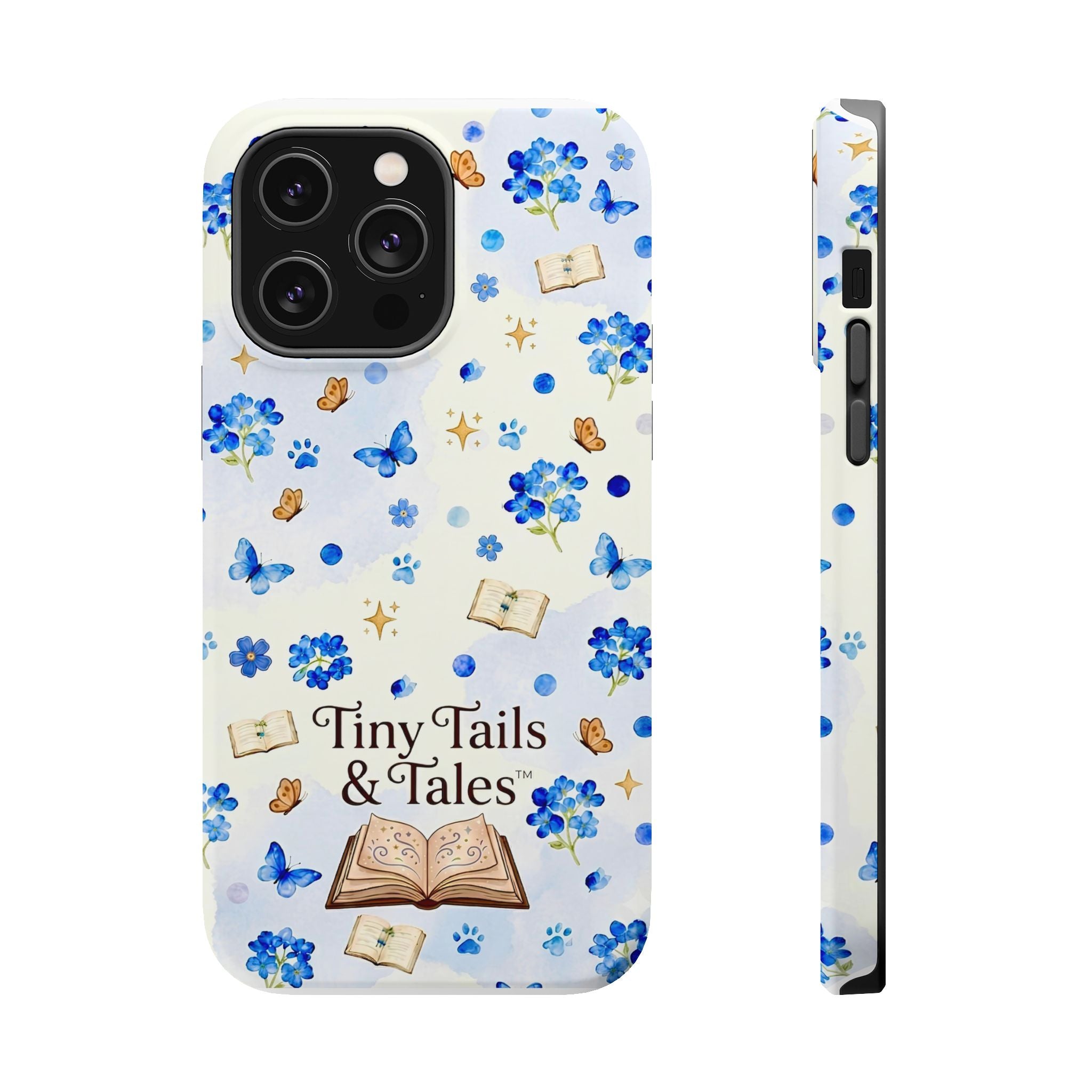 Tiny Tails & Tales™ Blue Forget-Me-Not Floral Phone Case | Whimsical Storybook Book Lover iPhone Cover | Cottagecore Butterfly Aesthetic Magnetic Impact-Resistant Cases
