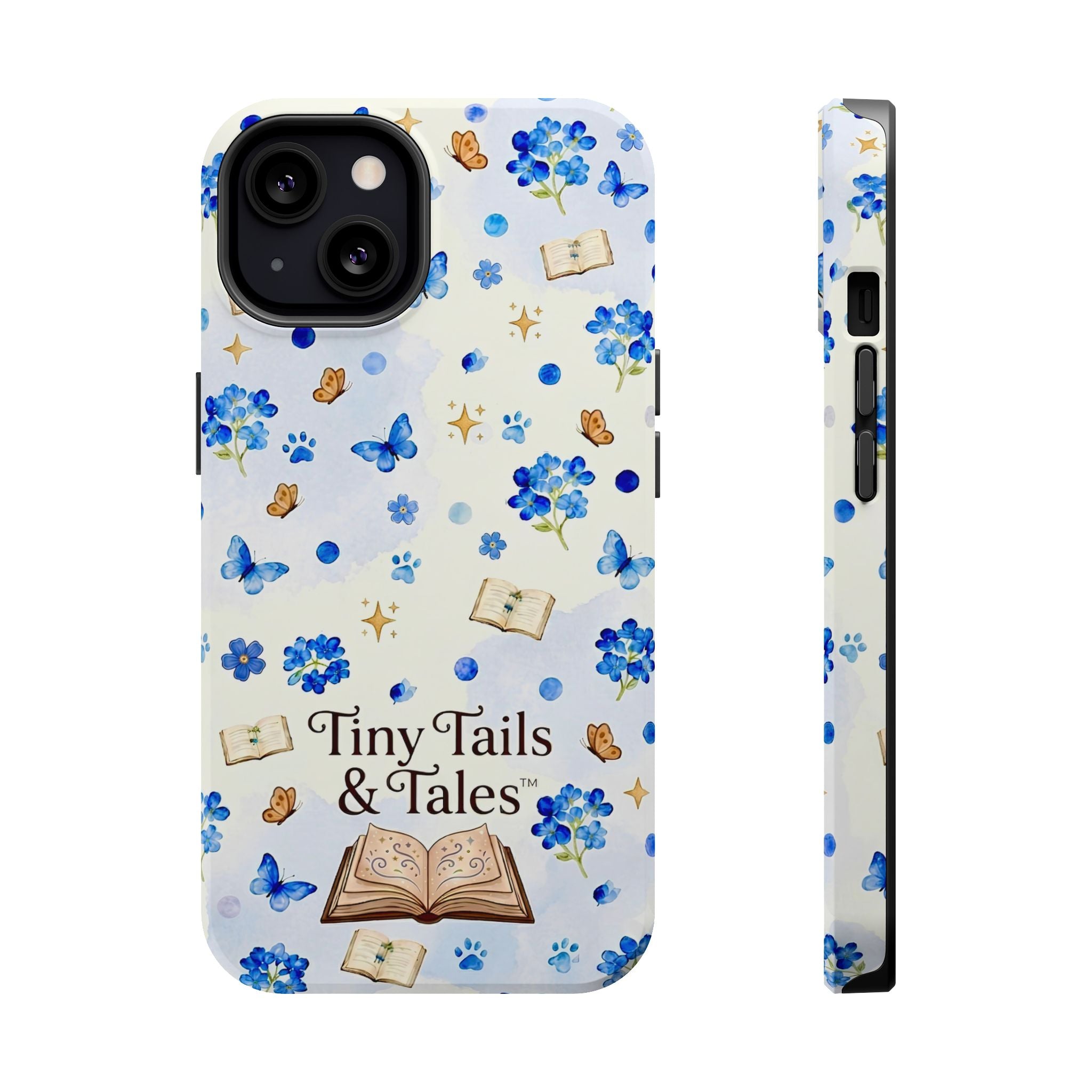 Tiny Tails & Tales™ Blue Forget-Me-Not Floral Phone Case | Whimsical Storybook Book Lover iPhone Cover | Cottagecore Butterfly Aesthetic Magnetic Impact-Resistant Cases