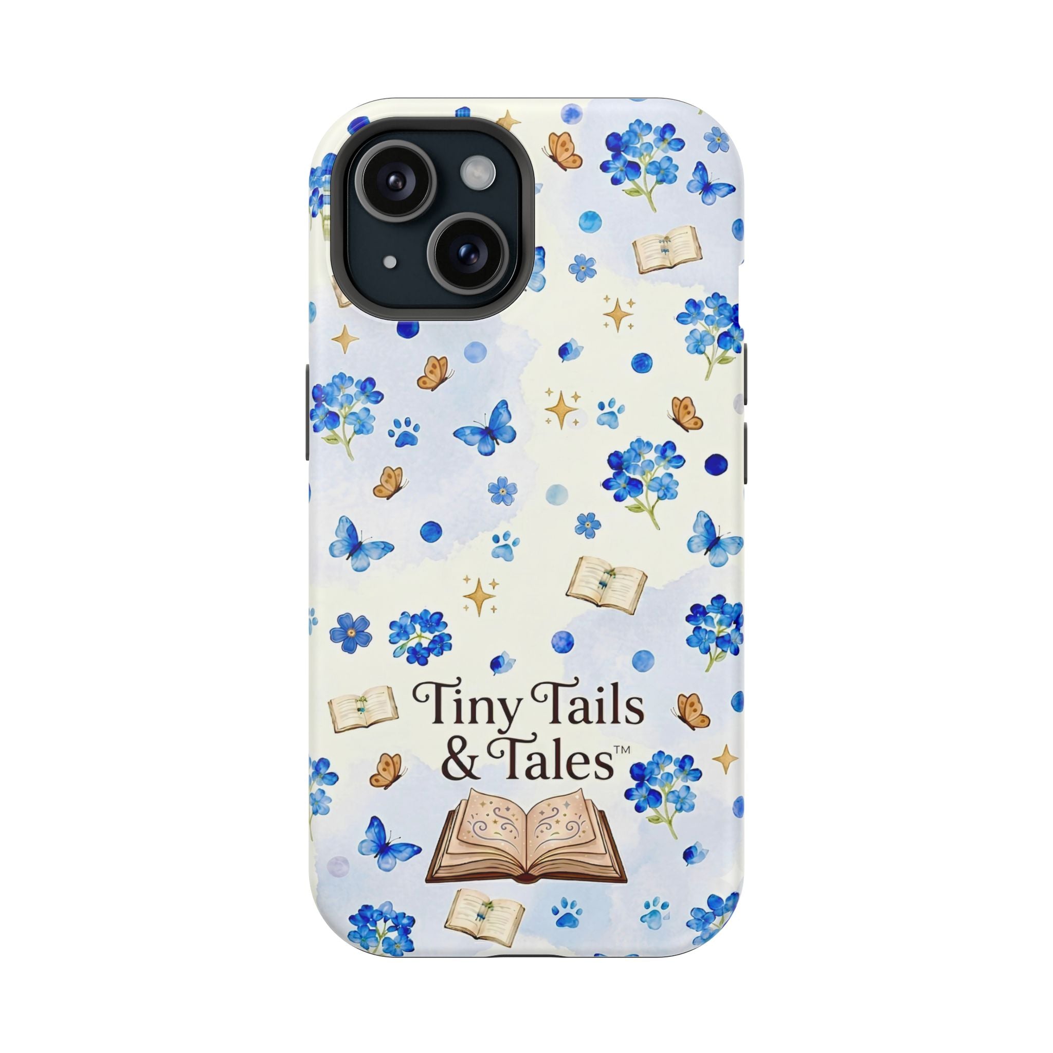 Tiny Tails & Tales™ Blue Forget-Me-Not Floral Phone Case | Whimsical Storybook Book Lover iPhone Cover | Cottagecore Butterfly Aesthetic Magnetic Impact-Resistant Cases
