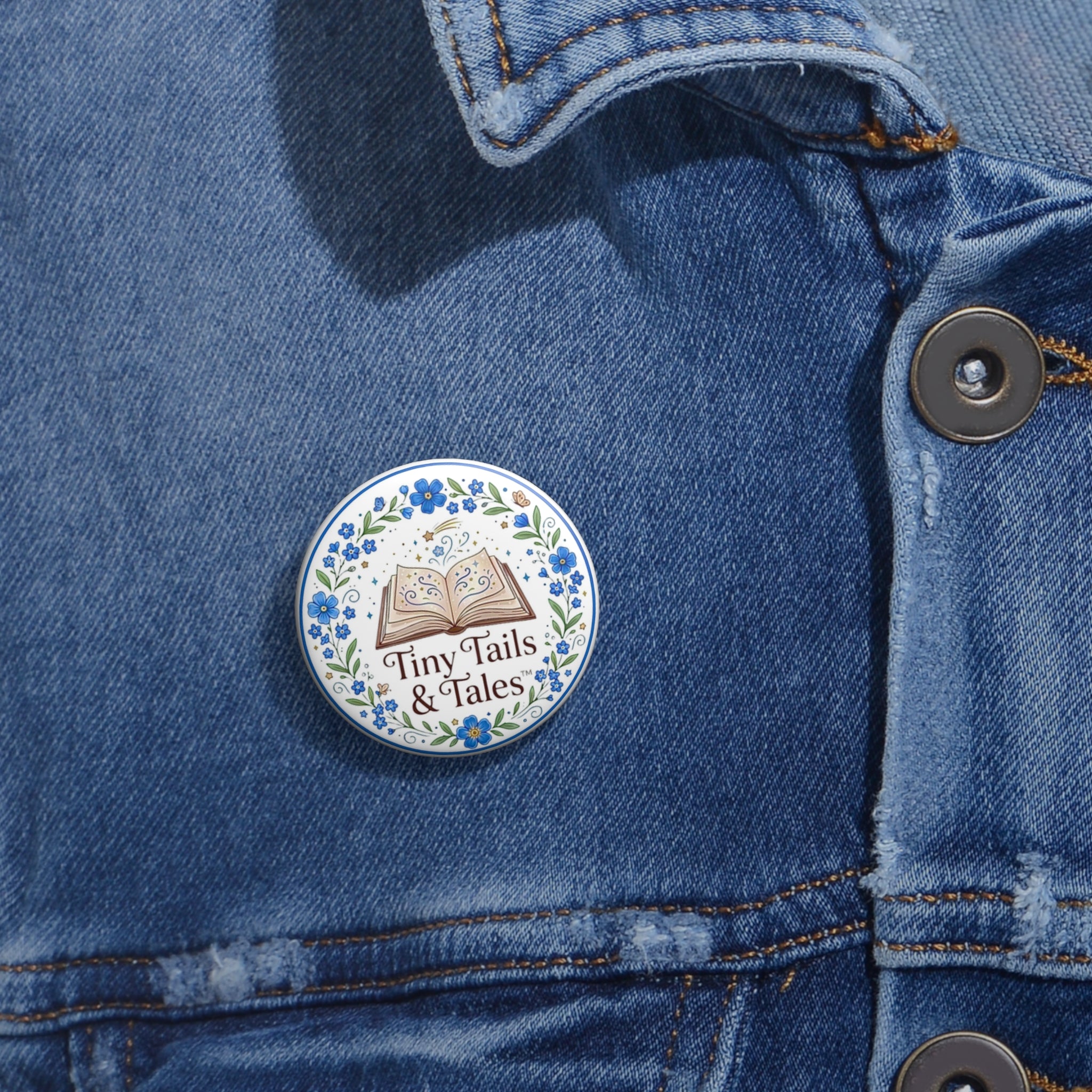 Tiny Tails & Tales™ Storybook Button Pin | Blue Forget-Me-Not Floral Book Lover Badge | Whimsical Cottagecore Accessory