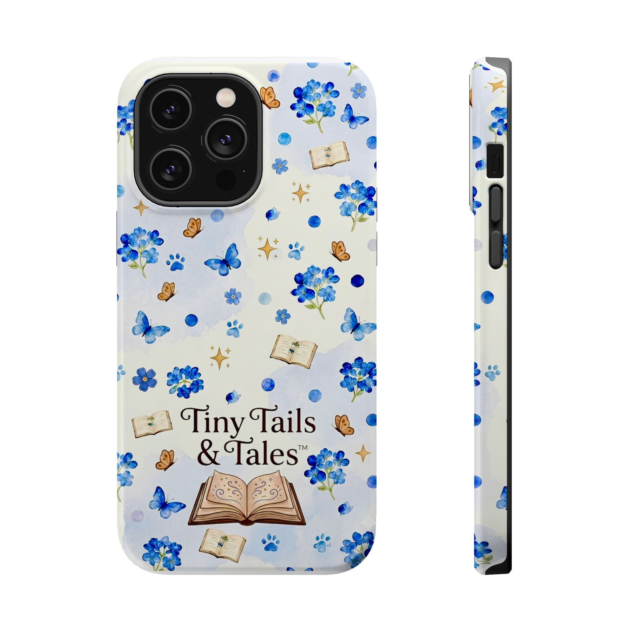 Tiny Tails & Tales™ Blue Forget-Me-Not Floral Phone Case | Whimsical Storybook Book Lover iPhone Cover | Cottagecore Butterfly Aesthetic Magnetic Impact-Resistant Cases