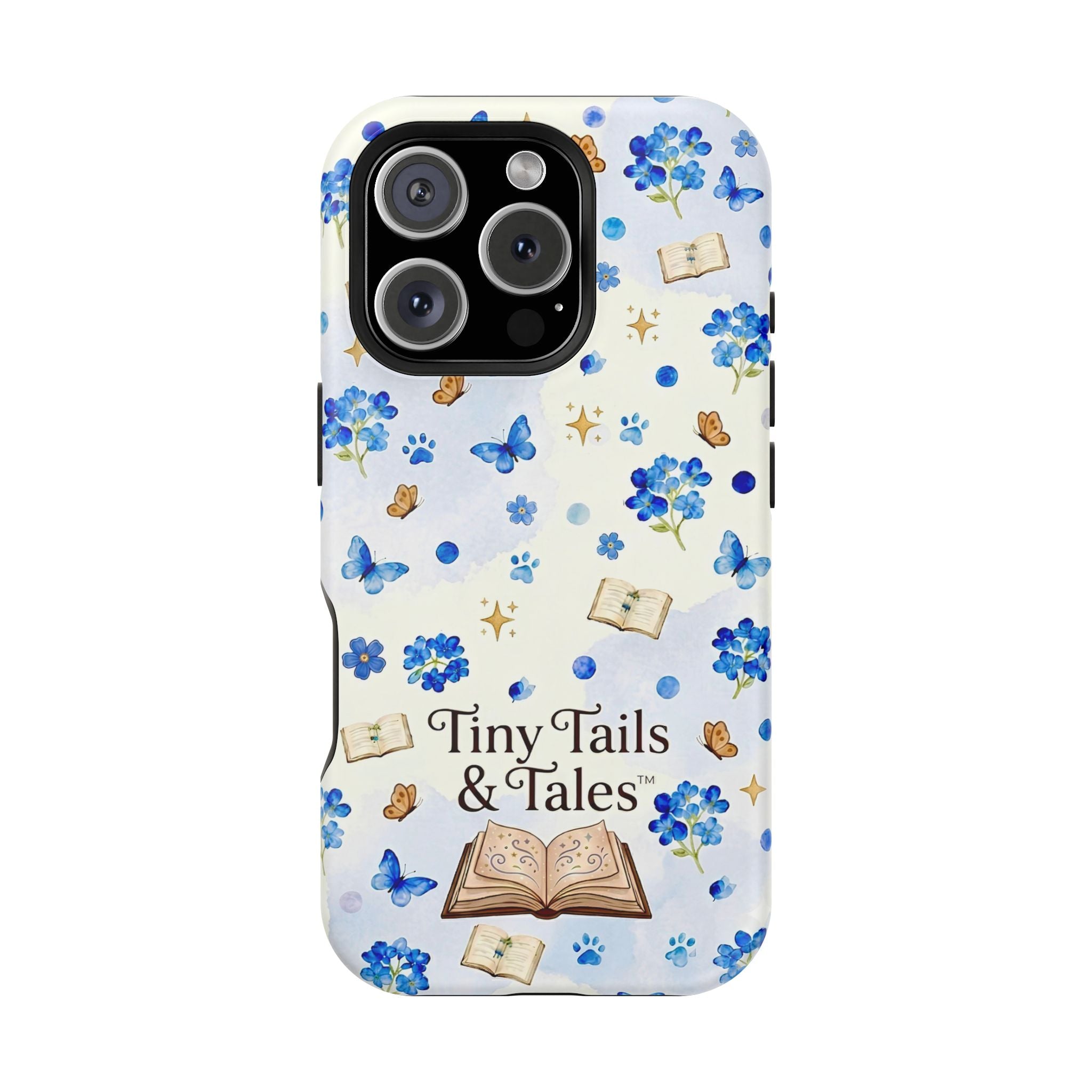 Tiny Tails & Tales™ Blue Forget-Me-Not Floral Phone Case | Whimsical Storybook Book Lover iPhone Cover | Cottagecore Butterfly Aesthetic Magnetic Impact-Resistant Cases
