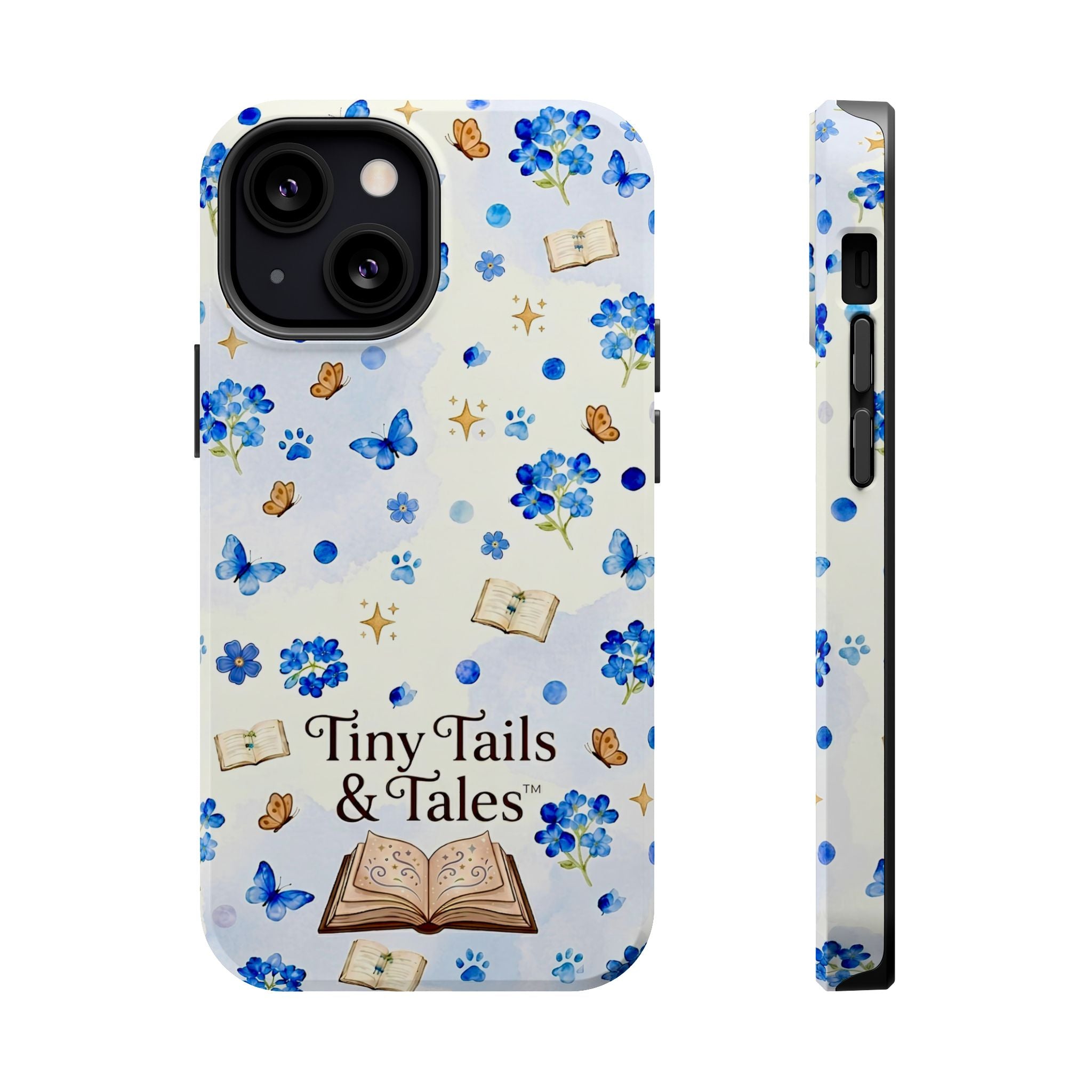 Tiny Tails & Tales™ Blue Forget-Me-Not Floral Phone Case | Whimsical Storybook Book Lover iPhone Cover | Cottagecore Butterfly Aesthetic Magnetic Impact-Resistant Cases