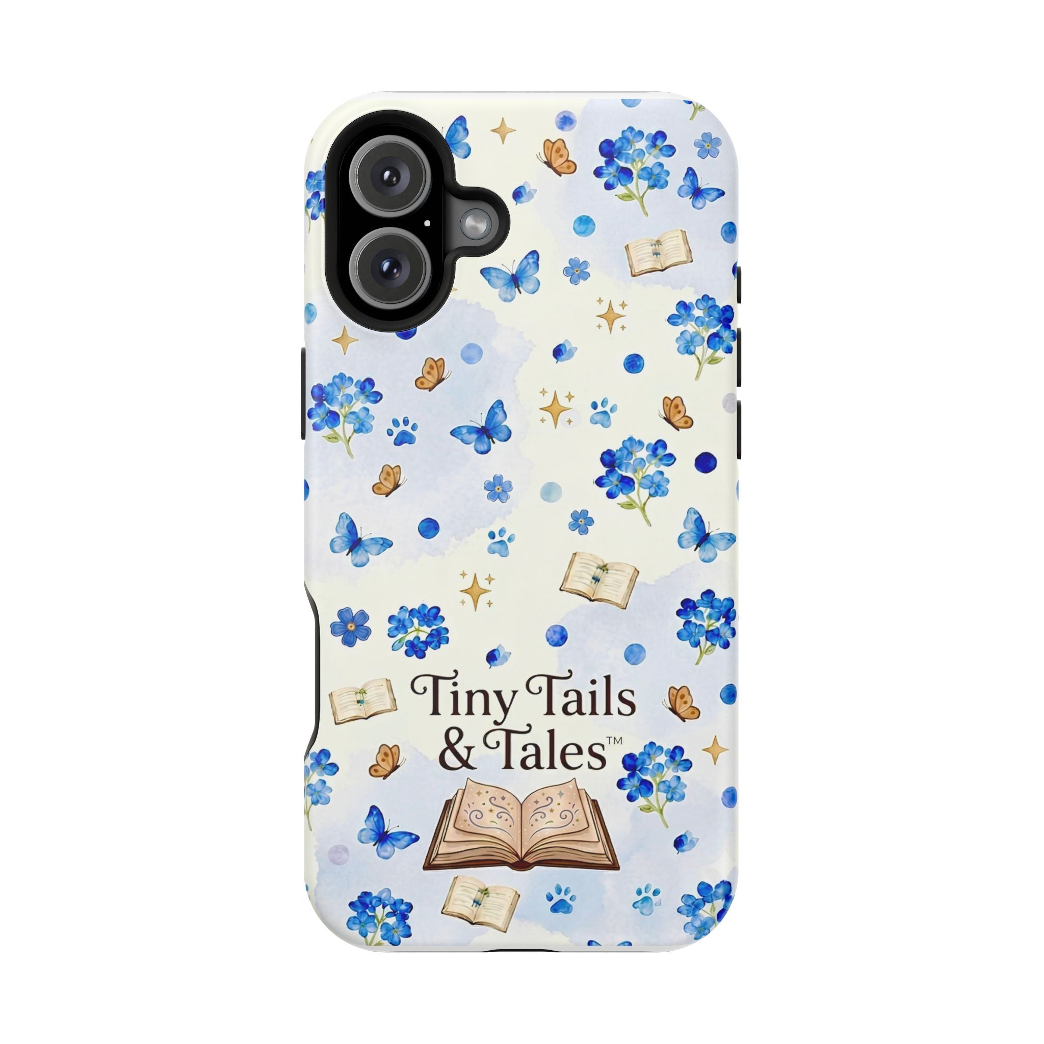 Tiny Tails & Tales™ Blue Forget-Me-Not Floral Phone Case | Whimsical Storybook Book Lover iPhone Cover | Cottagecore Butterfly Aesthetic Magnetic Impact-Resistant Cases