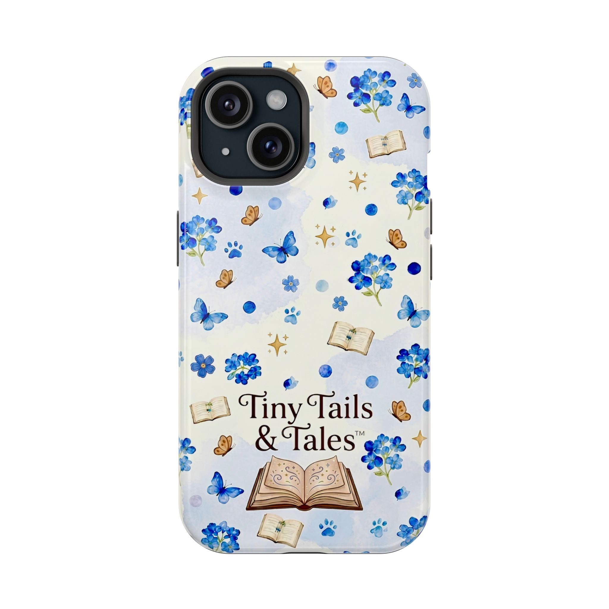 Tiny Tails & Tales™ Blue Forget-Me-Not Floral Phone Case | Whimsical Storybook Book Lover iPhone Cover | Cottagecore Butterfly Aesthetic Magnetic Impact-Resistant Cases