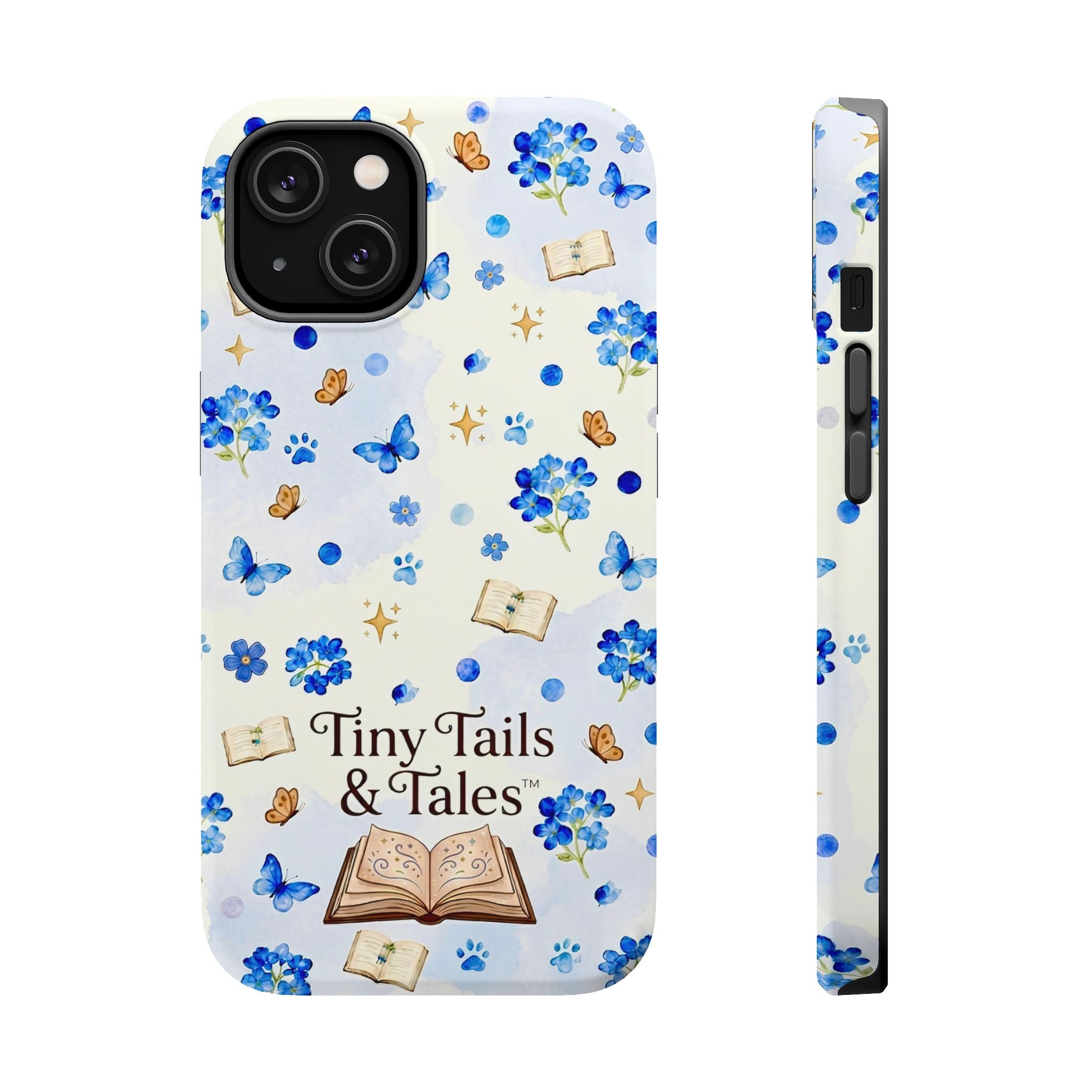 Tiny Tails & Tales™ Blue Forget-Me-Not Floral Phone Case | Whimsical Storybook Book Lover iPhone Cover | Cottagecore Butterfly Aesthetic Magnetic Impact-Resistant Cases