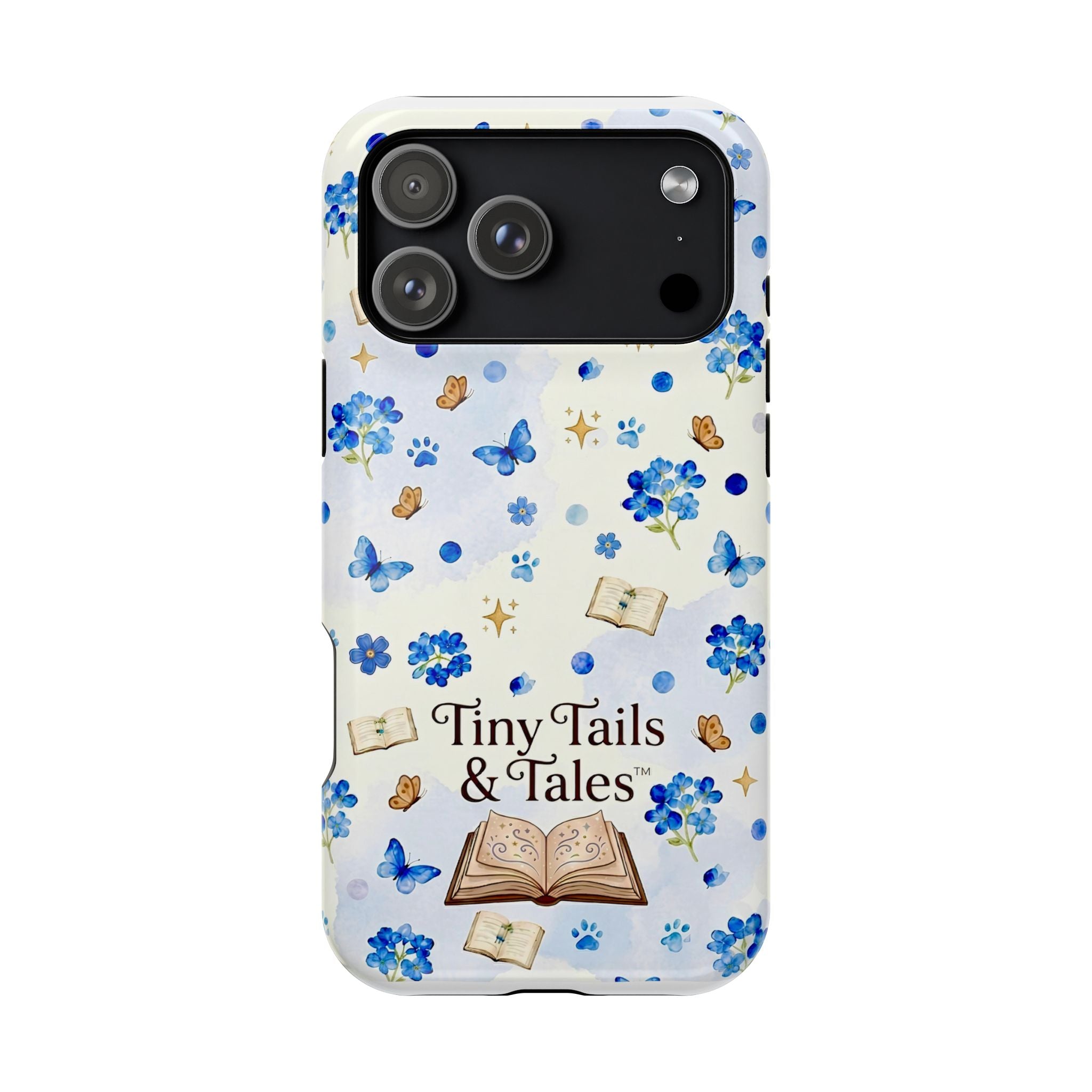 Tiny Tails & Tales™ Blue Forget-Me-Not Floral Phone Case | Whimsical Storybook Book Lover iPhone Cover | Cottagecore Butterfly Aesthetic Magnetic Impact-Resistant Cases