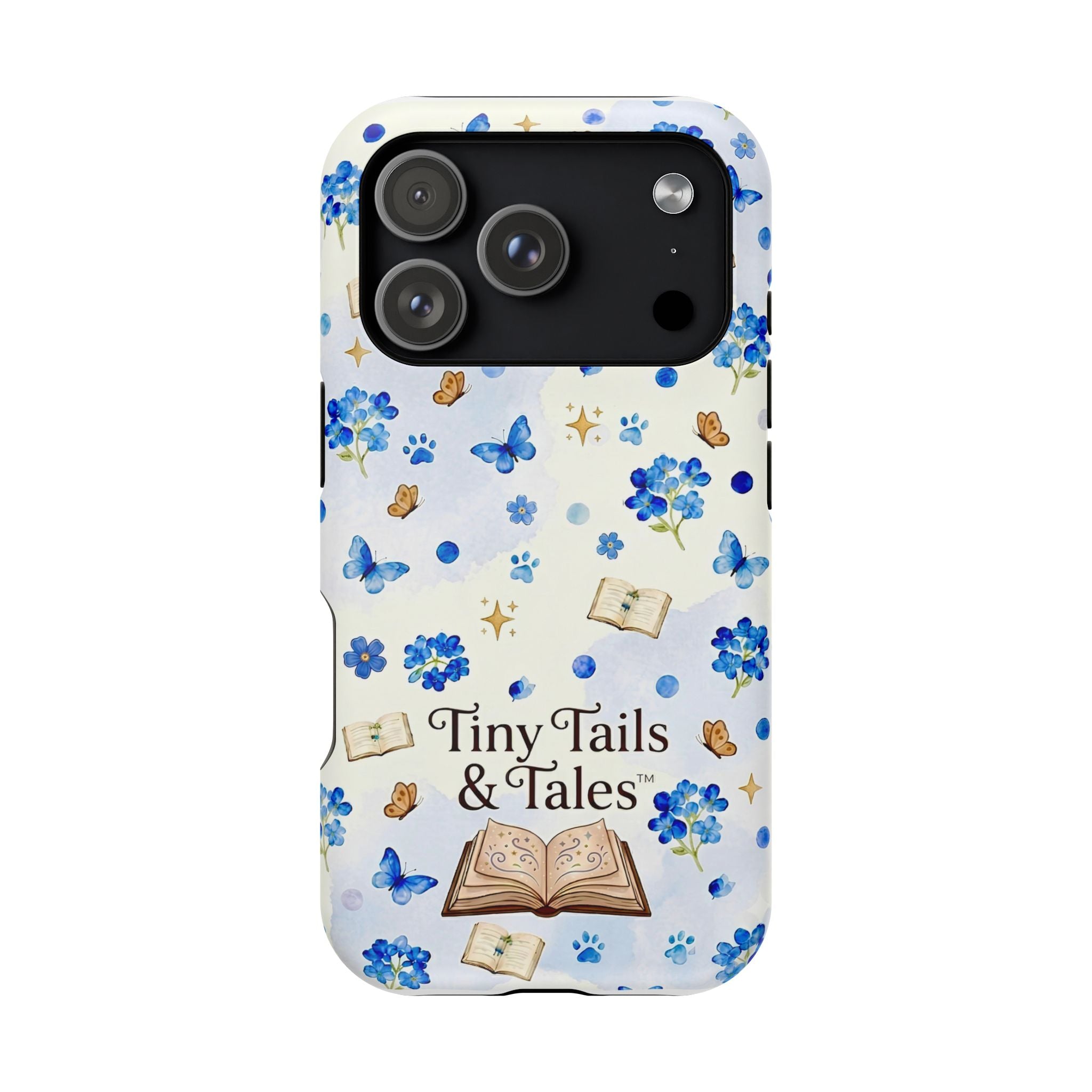 Tiny Tails & Tales™ Blue Forget-Me-Not Floral Phone Case | Whimsical Storybook Book Lover iPhone Cover | Cottagecore Butterfly Aesthetic Magnetic Impact-Resistant Cases