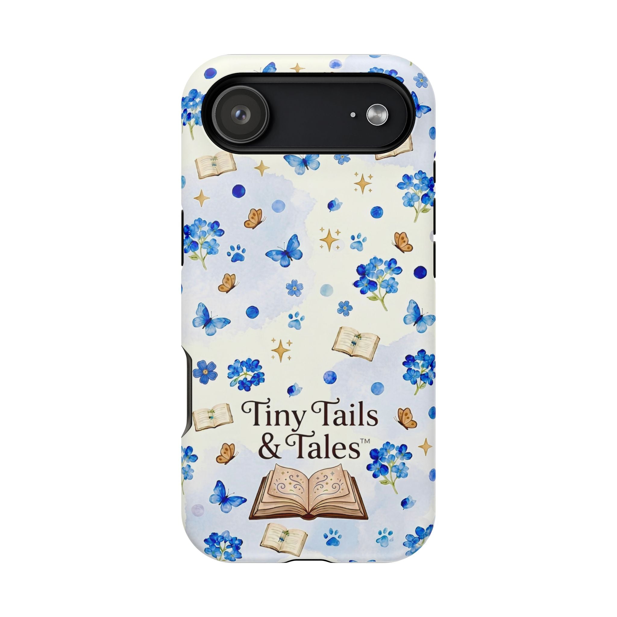 Tiny Tails & Tales™ Blue Forget-Me-Not Floral Phone Case | Whimsical Storybook Book Lover iPhone Cover | Cottagecore Butterfly Aesthetic Magnetic Impact-Resistant Cases