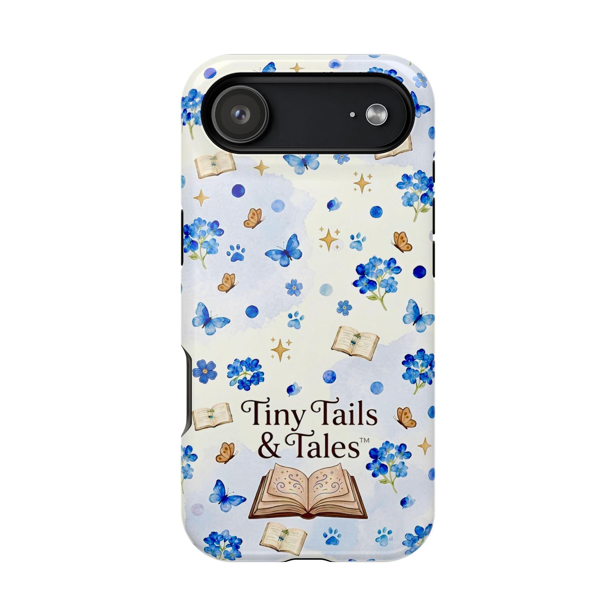 Tiny Tails & Tales™ Blue Forget-Me-Not Floral Phone Case | Whimsical Storybook Book Lover iPhone Cover | Cottagecore Butterfly Aesthetic Magnetic Impact-Resistant Cases