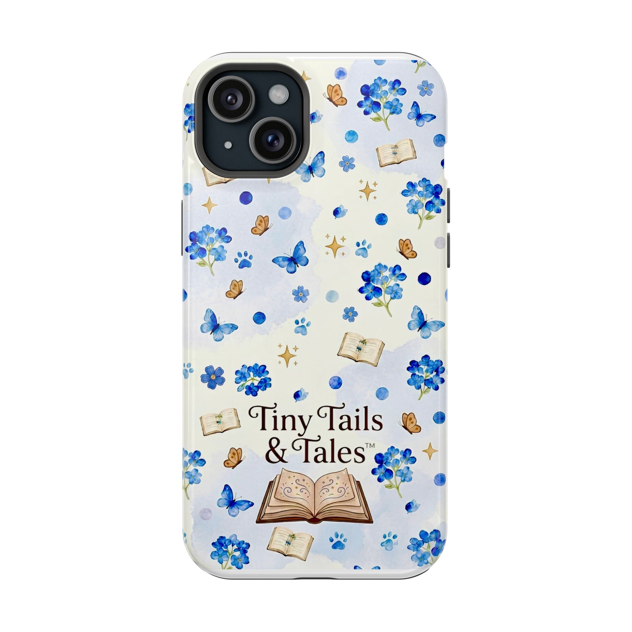 Tiny Tails & Tales™ Blue Forget-Me-Not Floral Phone Case | Whimsical Storybook Book Lover iPhone Cover | Cottagecore Butterfly Aesthetic Magnetic Impact-Resistant Cases