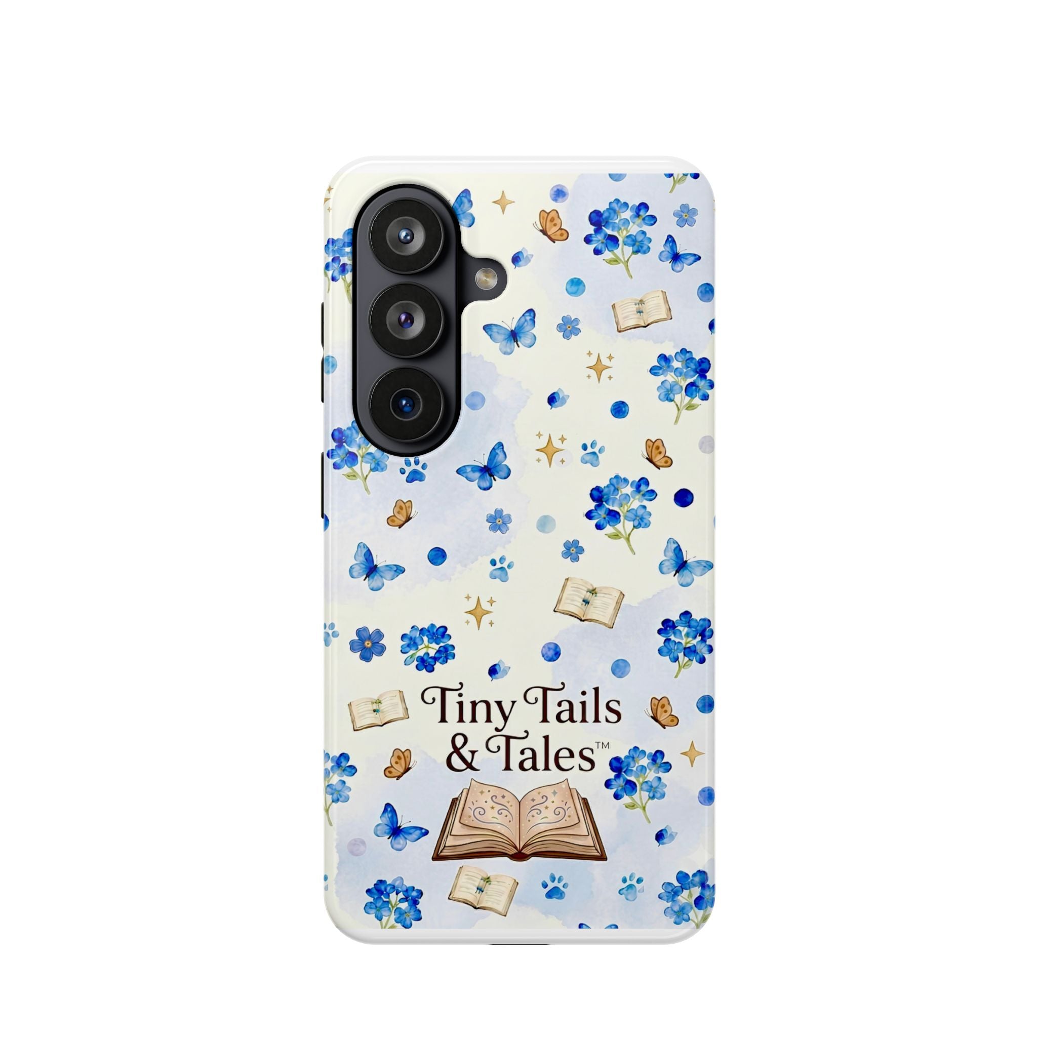 Tiny Tails & Tales™ Blue Forget-Me-Not Floral Phone Case | Whimsical Storybook Book Lover iPhone Cover | Cottagecore Butterfly Aesthetic Magnetic Impact-Resistant Cases