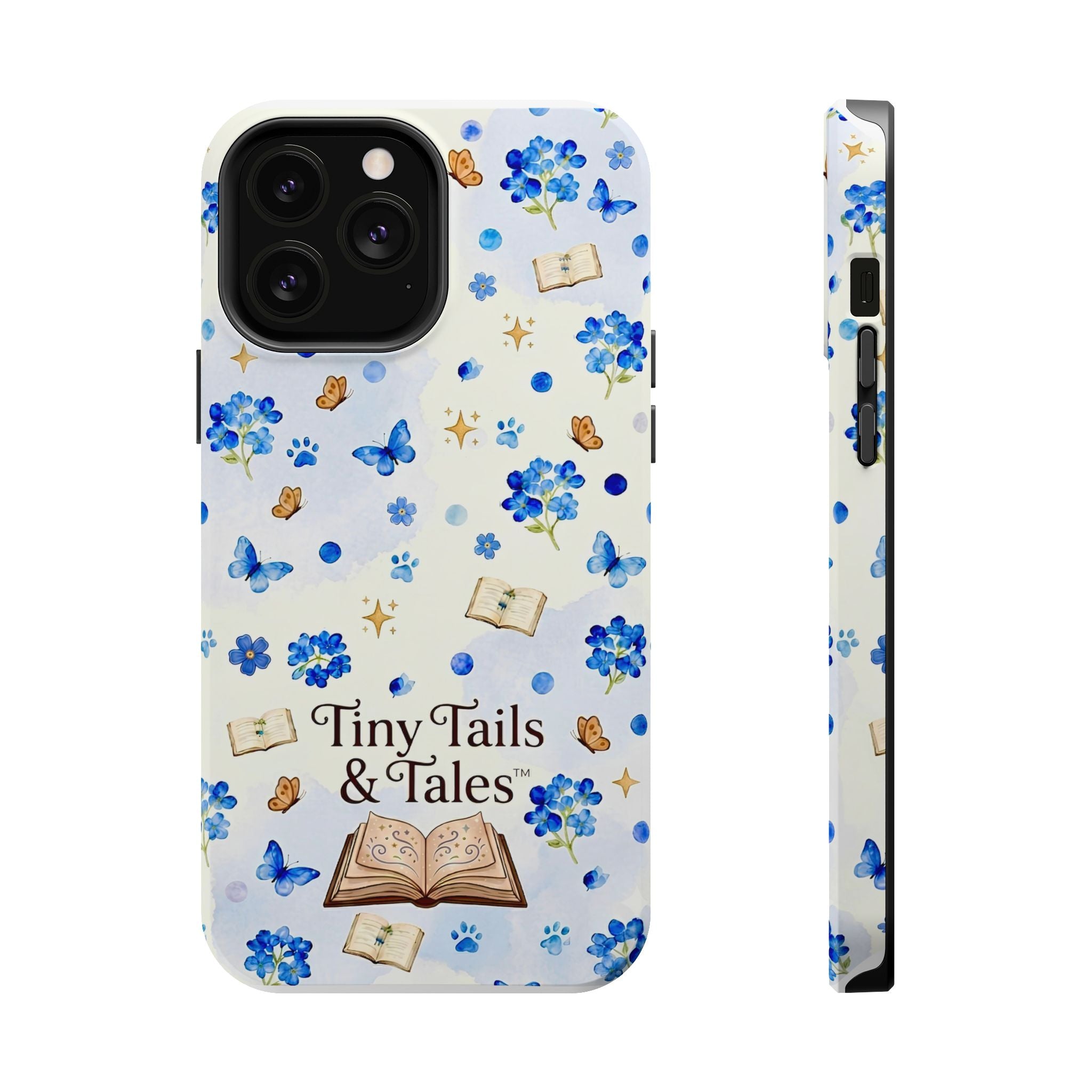 Tiny Tails & Tales™ Blue Forget-Me-Not Floral Phone Case | Whimsical Storybook Book Lover iPhone Cover | Cottagecore Butterfly Aesthetic Magnetic Impact-Resistant Cases