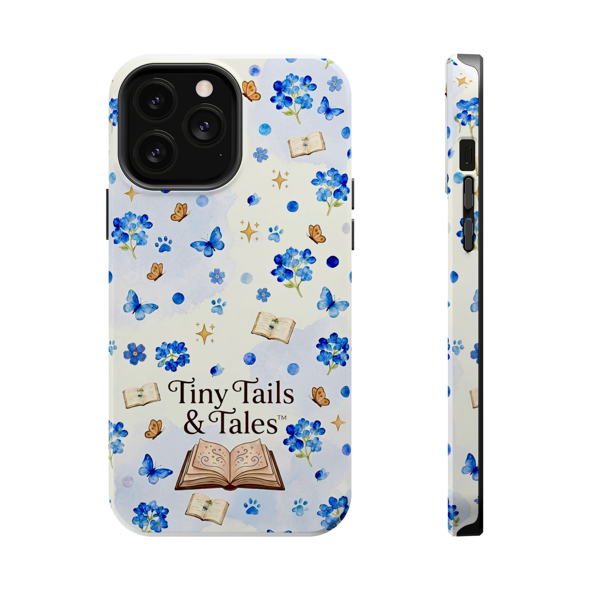Tiny Tails & Tales™ Blue Forget-Me-Not Floral Phone Case | Whimsical Storybook Book Lover iPhone Cover | Cottagecore Butterfly Aesthetic Magnetic Impact-Resistant Cases