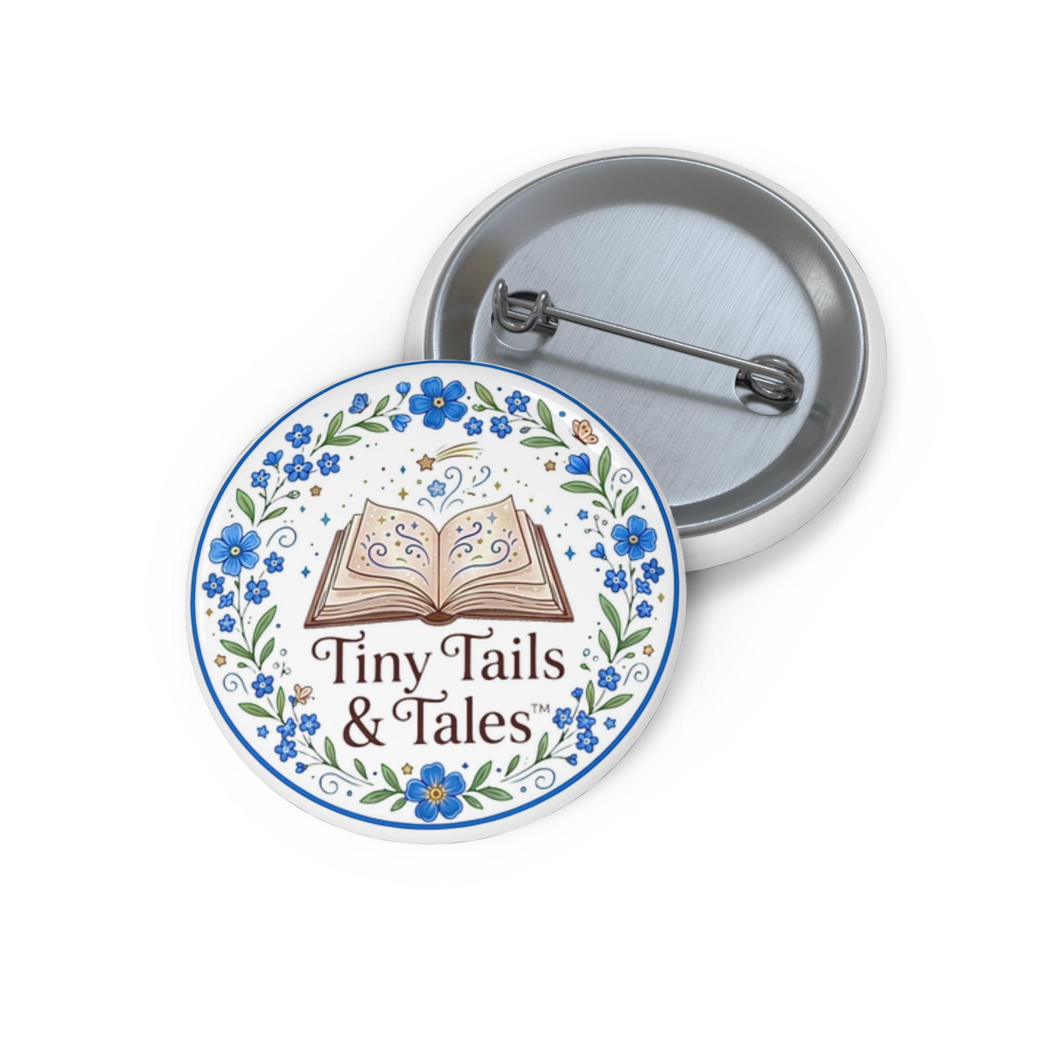 Tiny Tails & Tales™ Storybook Button Pin | Blue Forget-Me-Not Floral Book Lover Badge | Whimsical Cottagecore Accessory