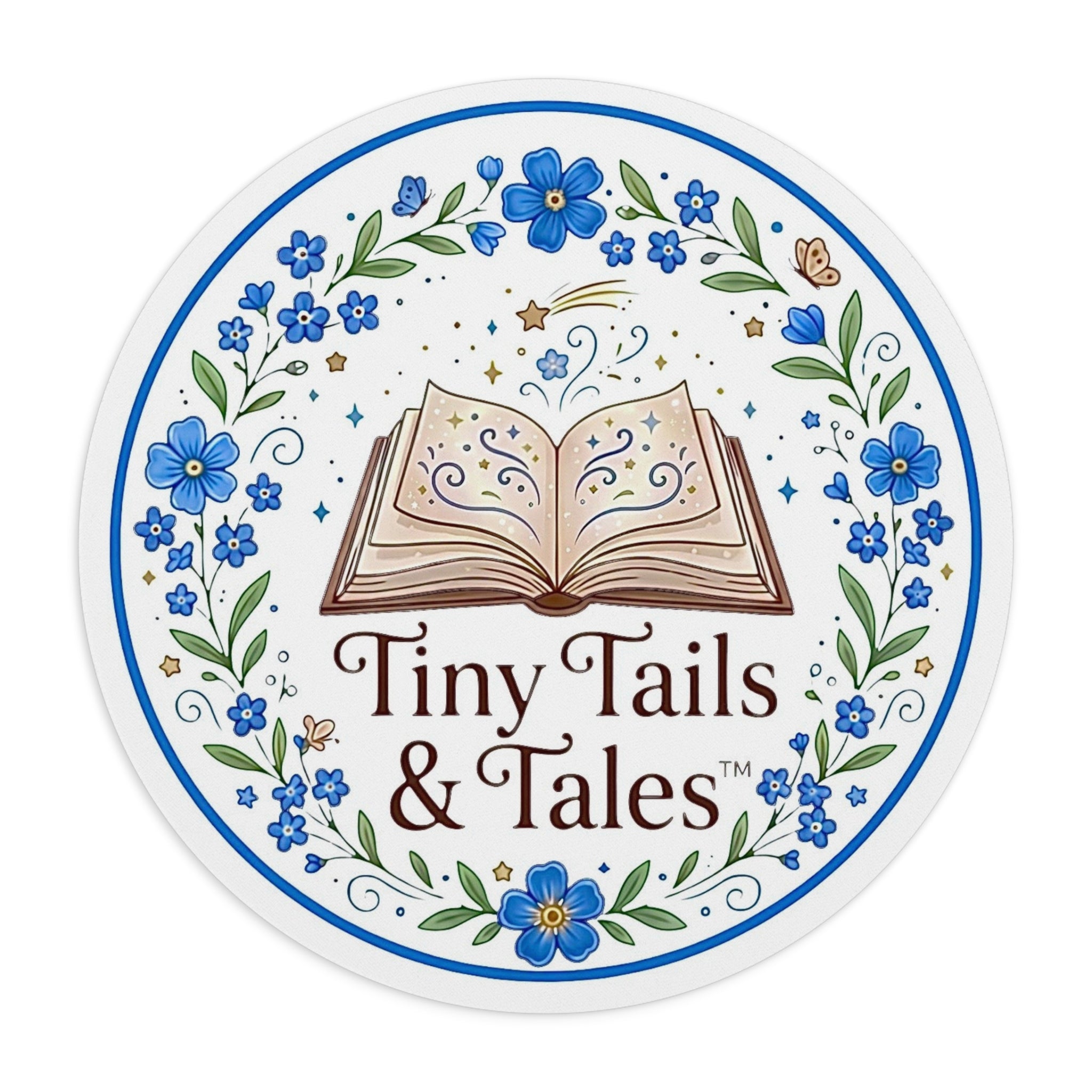 Tiny Tails & Tales™ Storybook Mouse Pad – Blue Forget-Me-Not Floral Desk Mat for Book Lovers & Cottagecore Offices