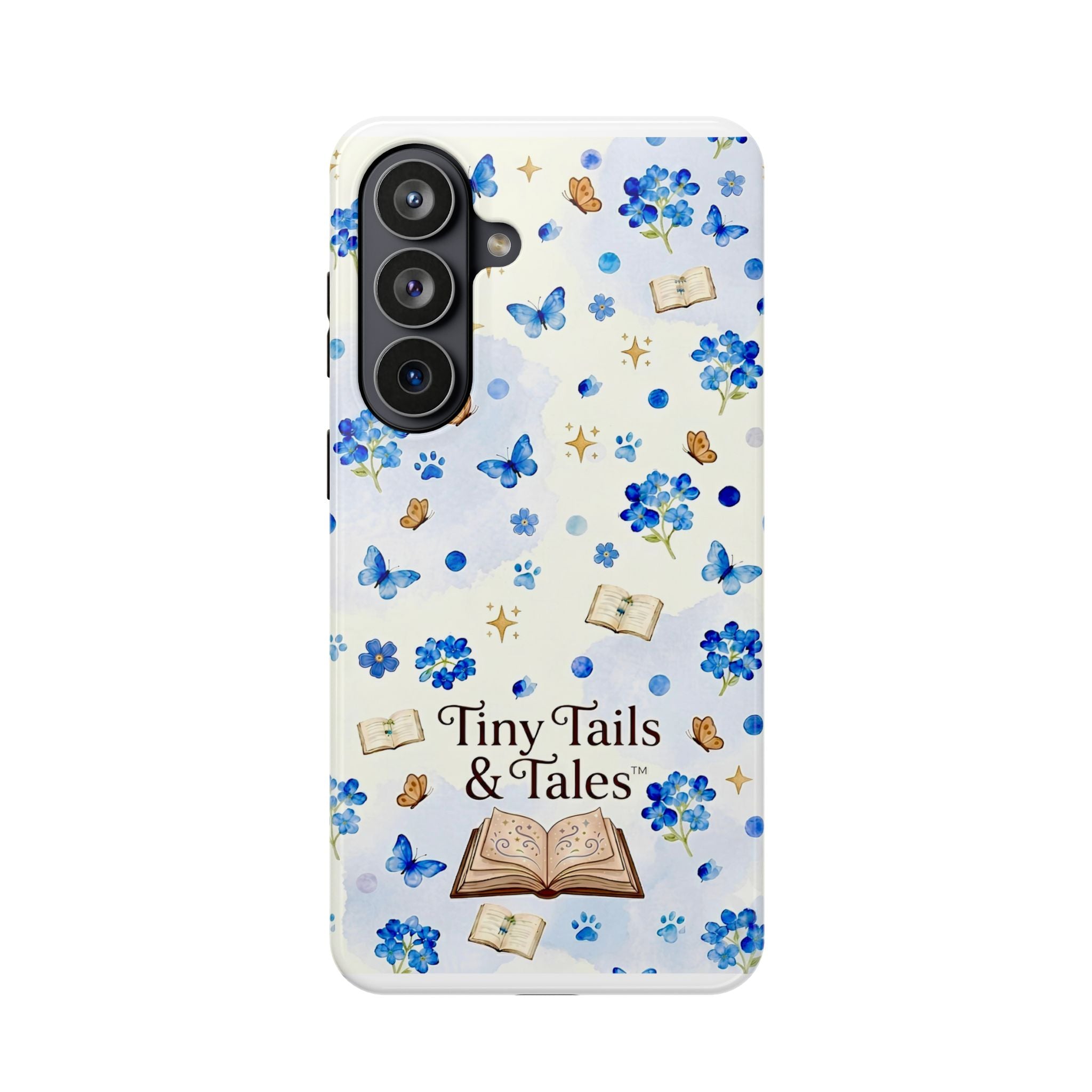 Tiny Tails & Tales™ Blue Forget-Me-Not Floral Phone Case | Whimsical Storybook Book Lover iPhone Cover | Cottagecore Butterfly Aesthetic Magnetic Impact-Resistant Cases