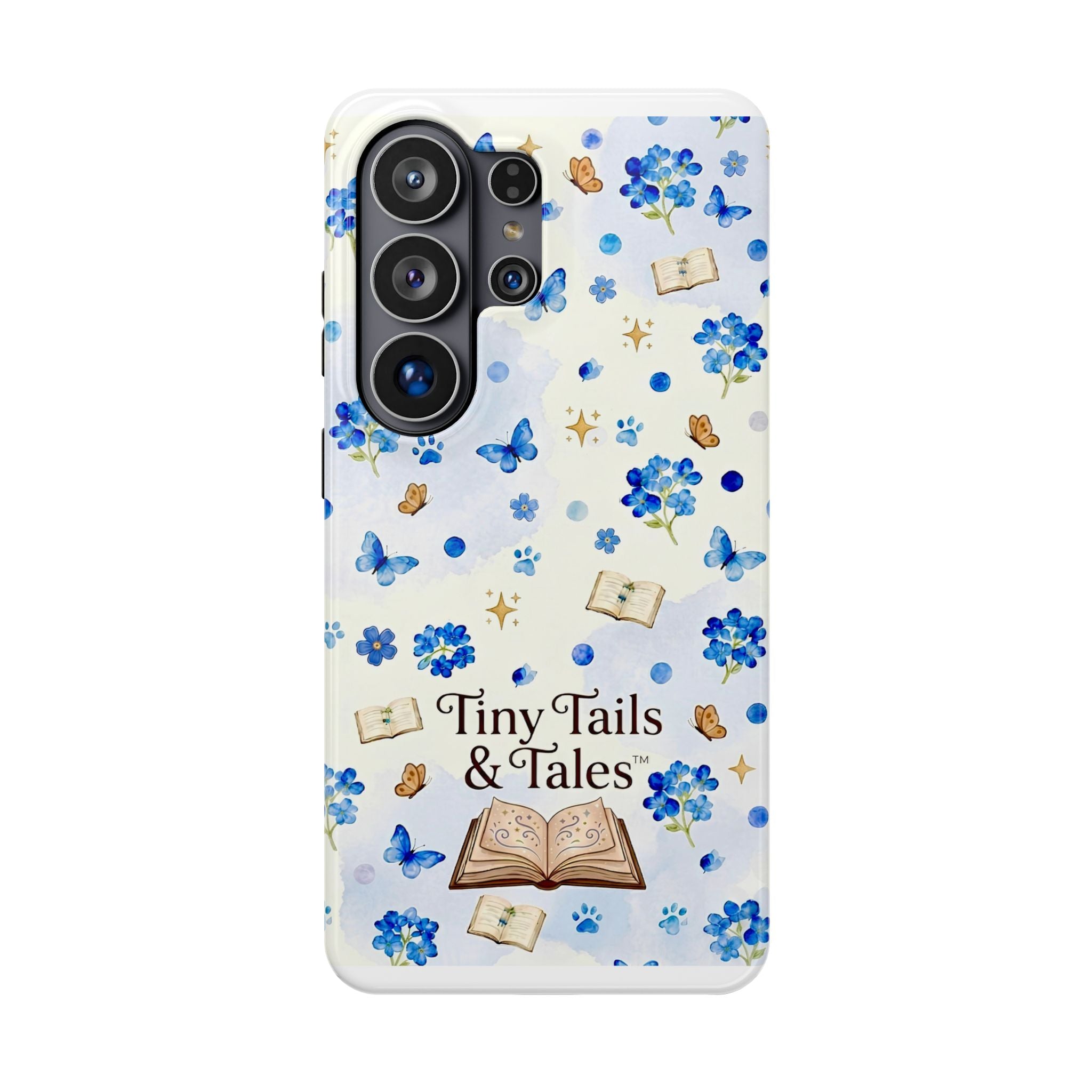 Tiny Tails & Tales™ Blue Forget-Me-Not Floral Phone Case | Whimsical Storybook Book Lover iPhone Cover | Cottagecore Butterfly Aesthetic Magnetic Impact-Resistant Cases