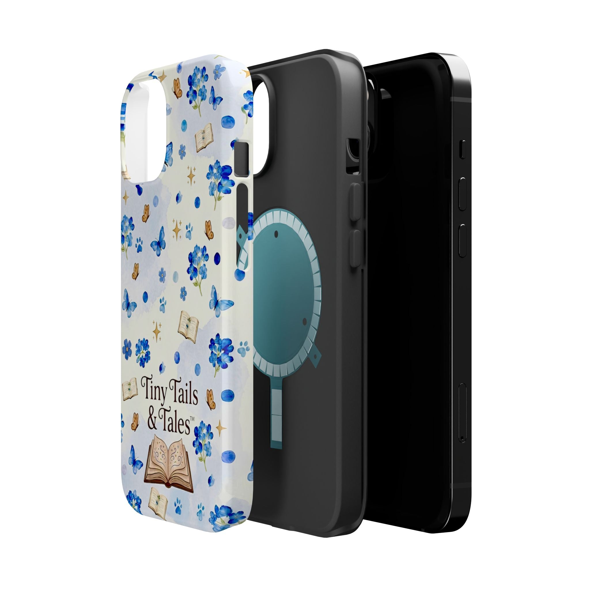 Tiny Tails & Tales™ Blue Forget-Me-Not Floral Phone Case | Whimsical Storybook Book Lover iPhone Cover | Cottagecore Butterfly Aesthetic Magnetic Impact-Resistant Cases