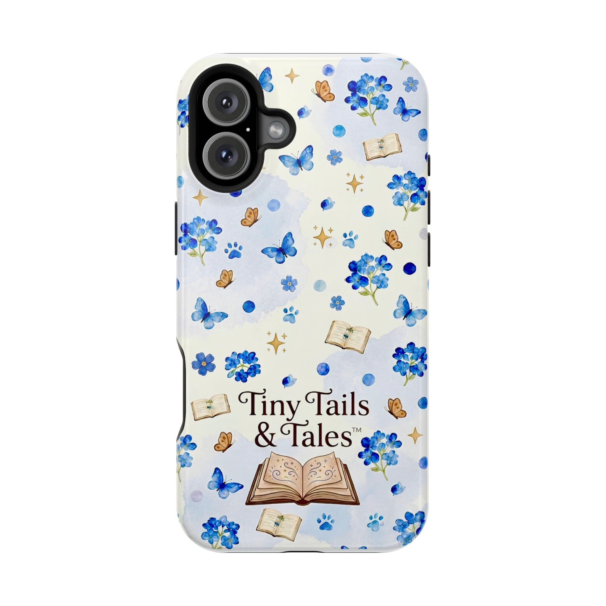 Tiny Tails & Tales™ Blue Forget-Me-Not Floral Phone Case | Whimsical Storybook Book Lover iPhone Cover | Cottagecore Butterfly Aesthetic Magnetic Impact-Resistant Cases