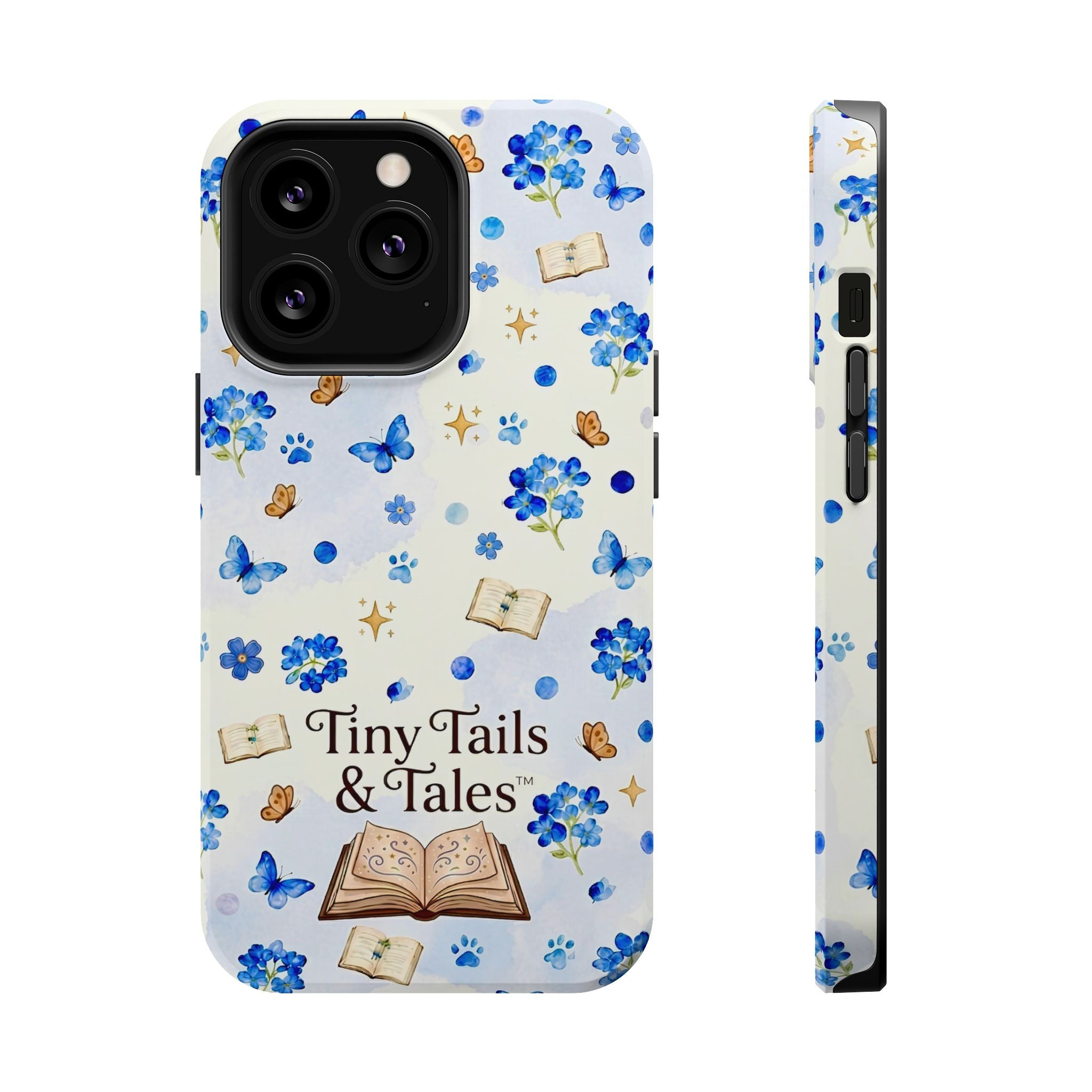 Tiny Tails & Tales™ Blue Forget-Me-Not Floral Phone Case | Whimsical Storybook Book Lover iPhone Cover | Cottagecore Butterfly Aesthetic Magnetic Impact-Resistant Cases