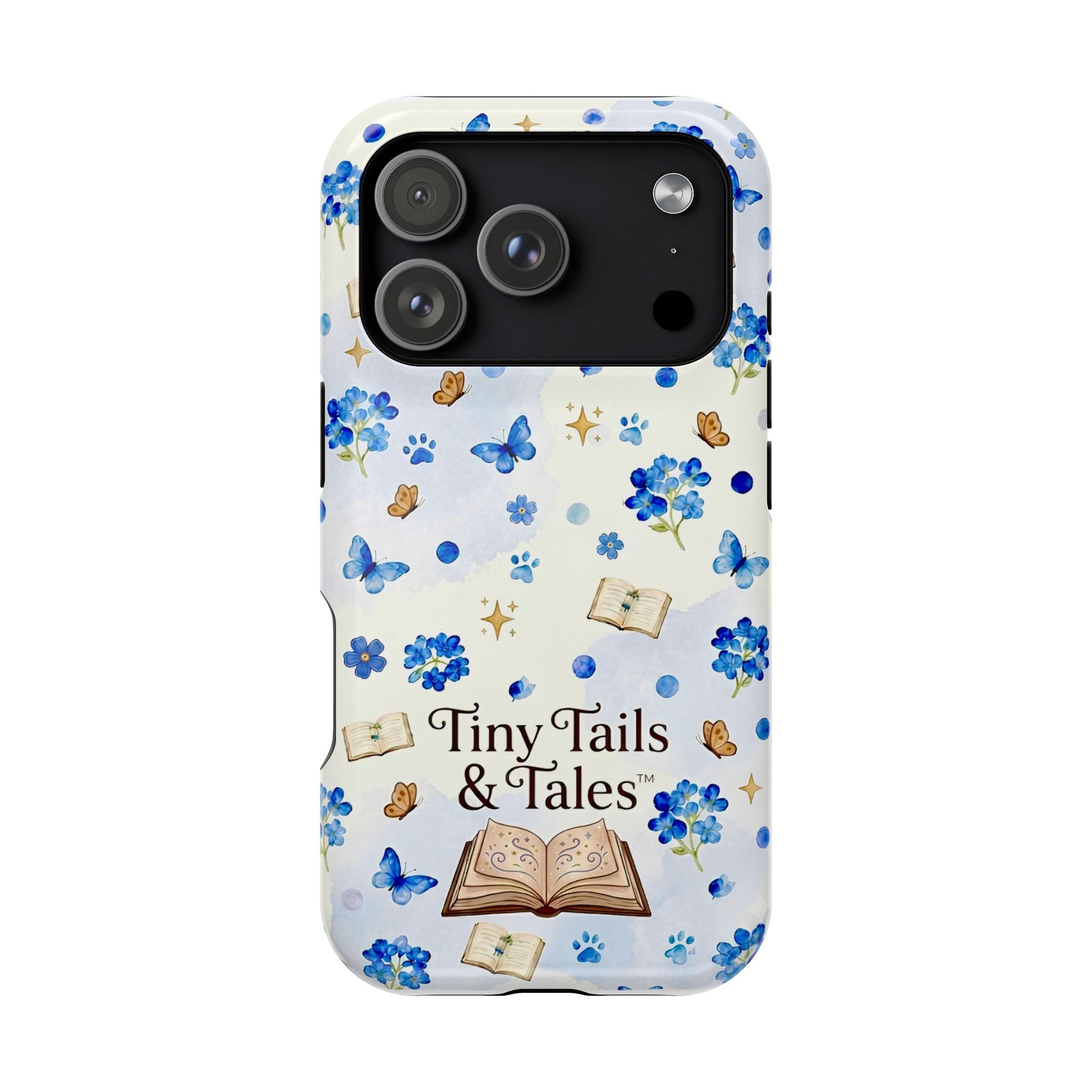 Tiny Tails & Tales™ Blue Forget-Me-Not Floral Phone Case | Whimsical Storybook Book Lover iPhone Cover | Cottagecore Butterfly Aesthetic Magnetic Impact-Resistant Cases