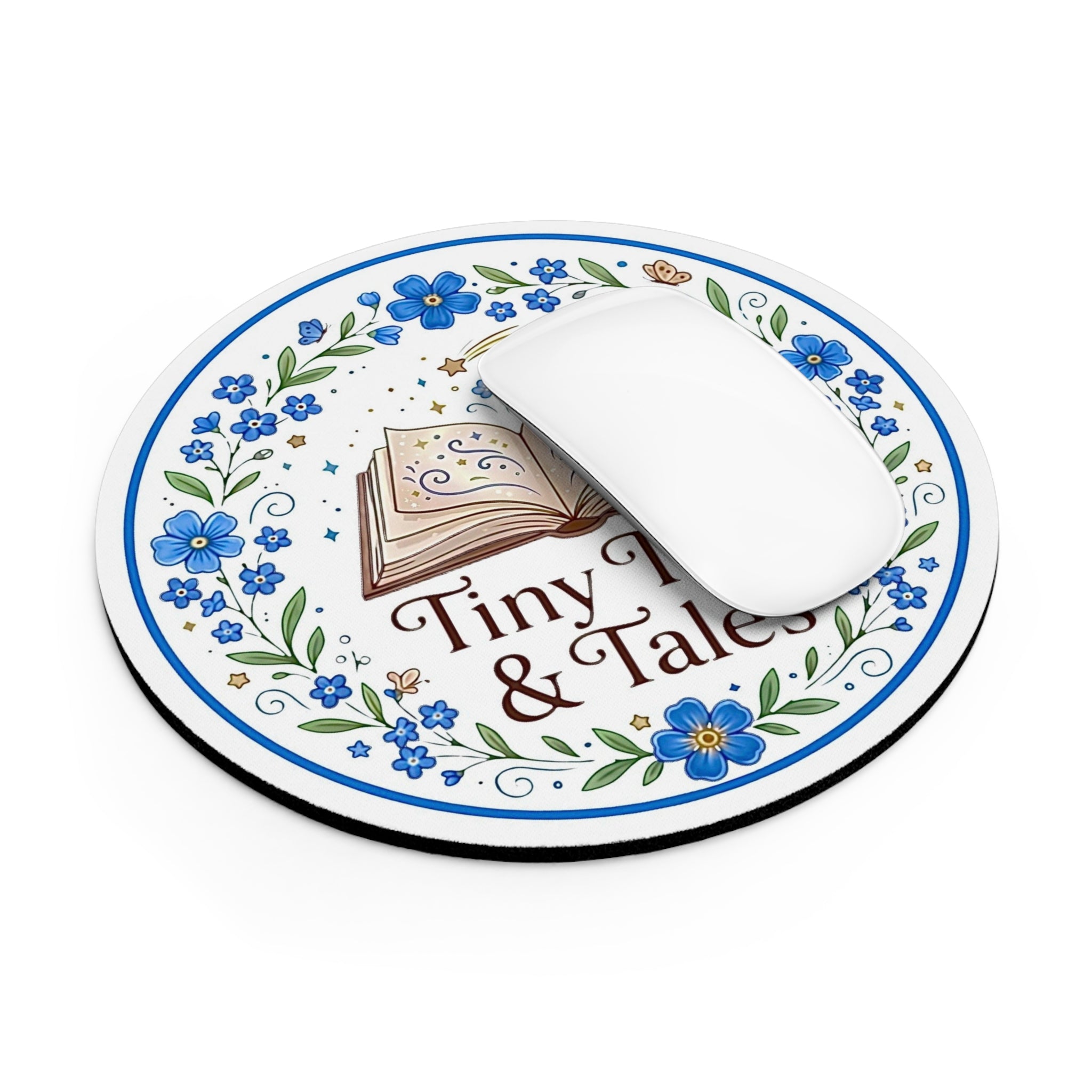 Tiny Tails & Tales™ Storybook Mouse Pad – Blue Forget-Me-Not Floral Desk Mat for Book Lovers & Cottagecore Offices
