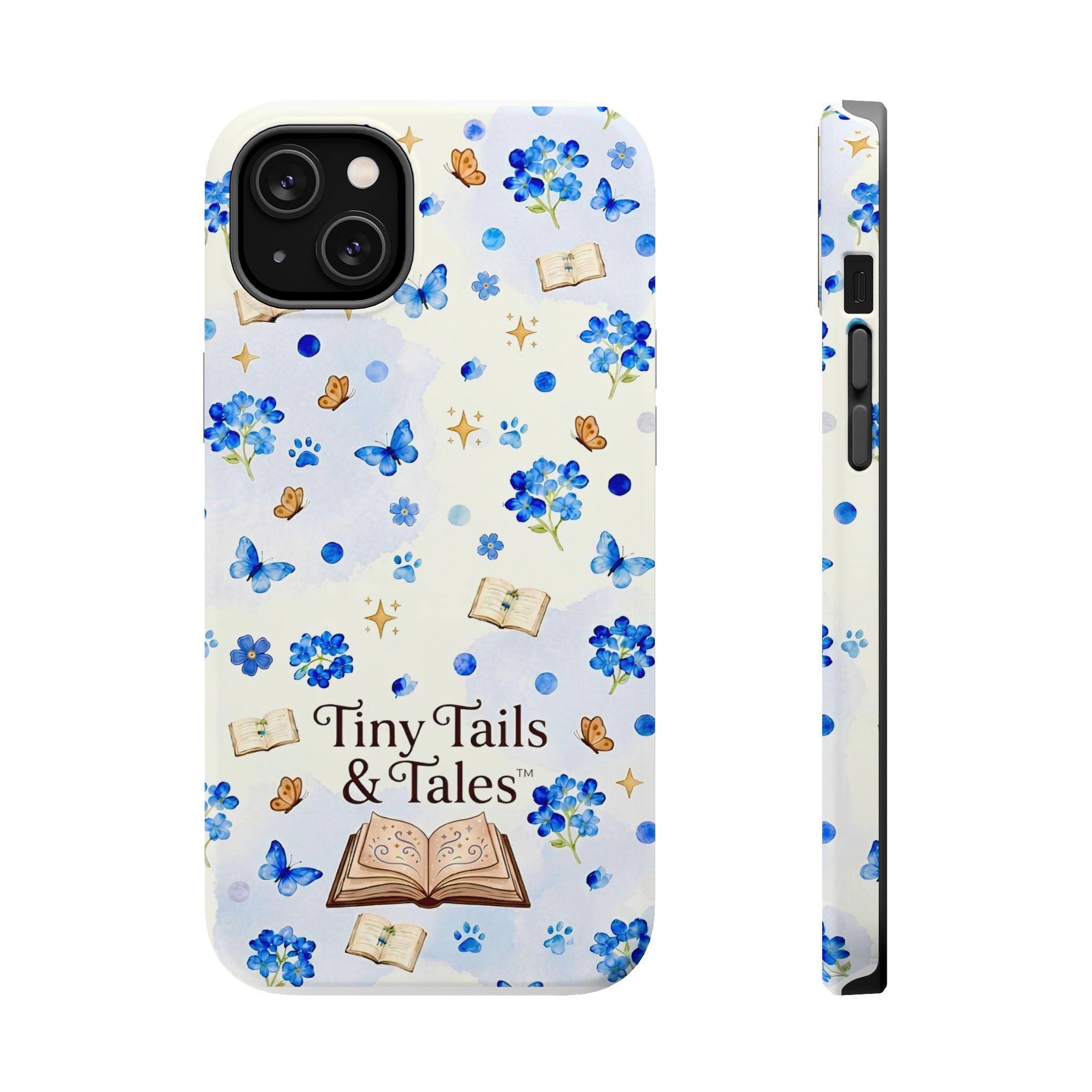 Tiny Tails & Tales™ Blue Forget-Me-Not Floral Phone Case | Whimsical Storybook Book Lover iPhone Cover | Cottagecore Butterfly Aesthetic Magnetic Impact-Resistant Cases