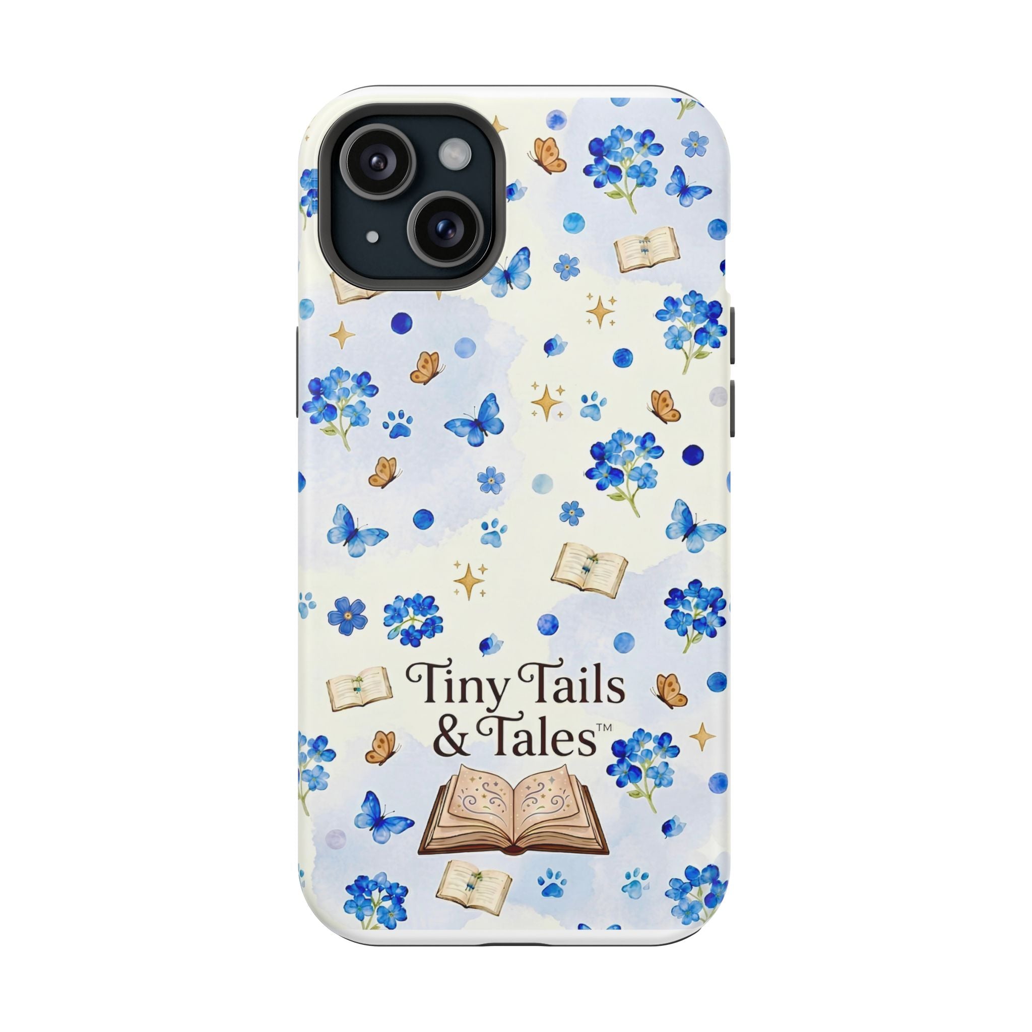 Tiny Tails & Tales™ Blue Forget-Me-Not Floral Phone Case | Whimsical Storybook Book Lover iPhone Cover | Cottagecore Butterfly Aesthetic Magnetic Impact-Resistant Cases