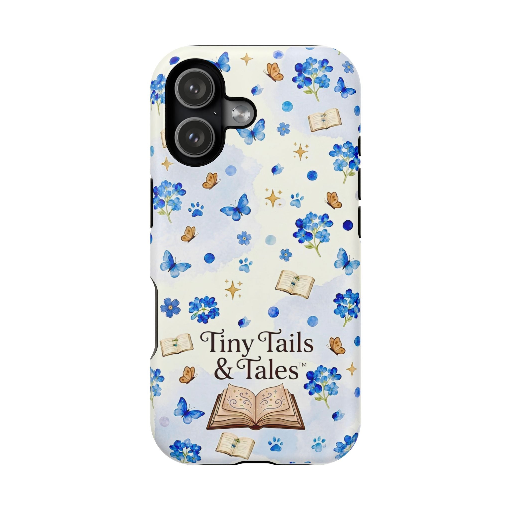 Tiny Tails & Tales™ Blue Forget-Me-Not Floral Phone Case | Whimsical Storybook Book Lover iPhone Cover | Cottagecore Butterfly Aesthetic Magnetic Impact-Resistant Cases