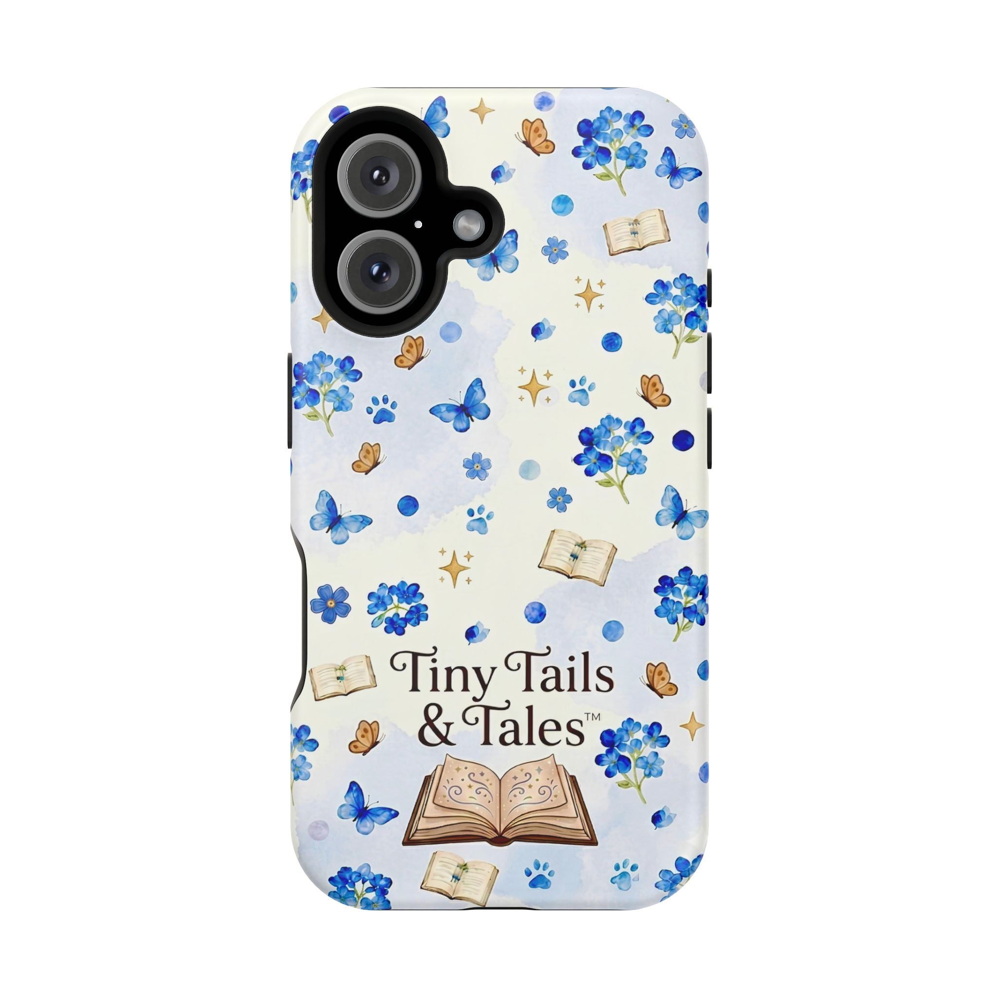 Tiny Tails & Tales™ Blue Forget-Me-Not Floral Phone Case | Whimsical Storybook Book Lover iPhone Cover | Cottagecore Butterfly Aesthetic Magnetic Impact-Resistant Cases